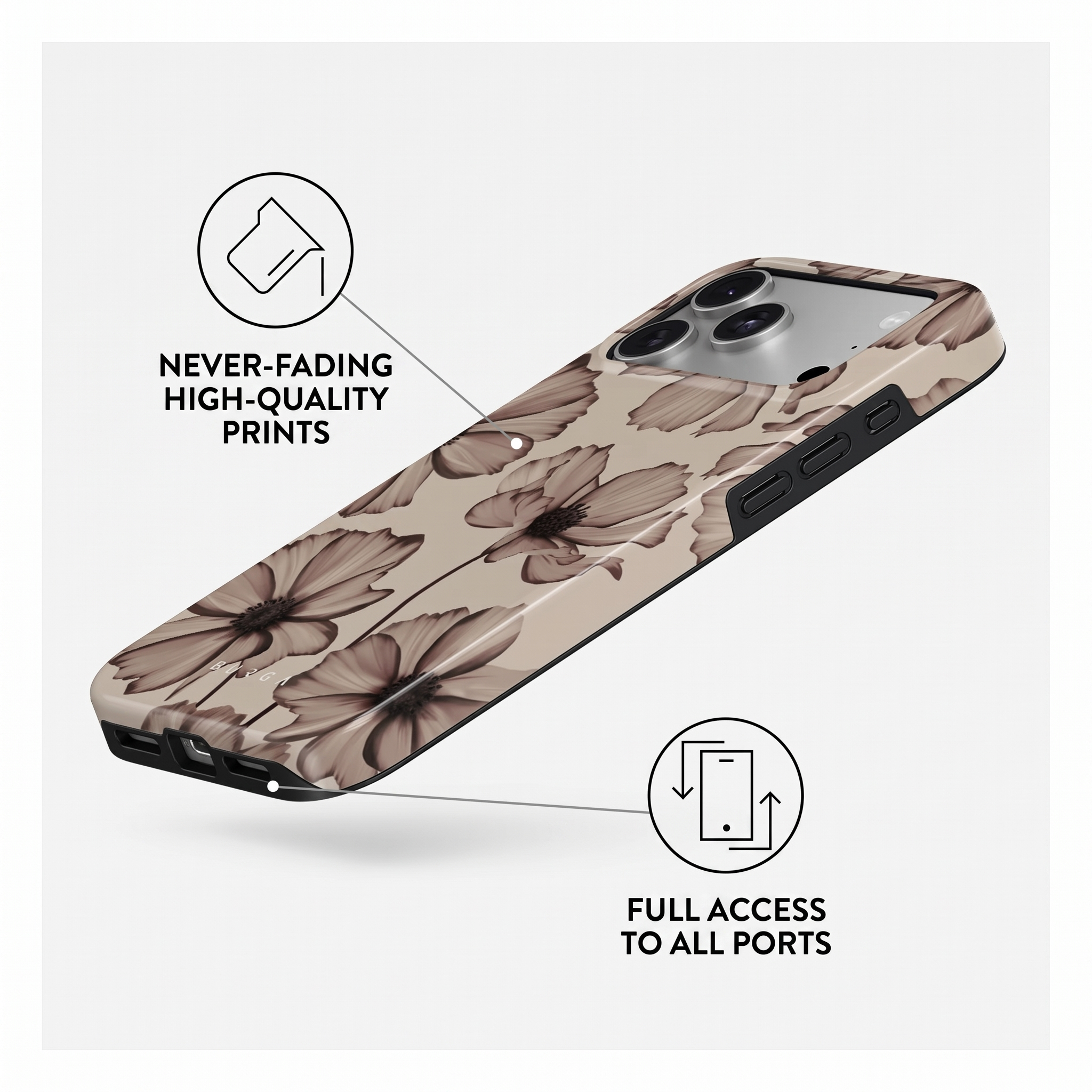 Coque de téléphone à motif floral, fond beige et points forts sur la qualité d'impression.