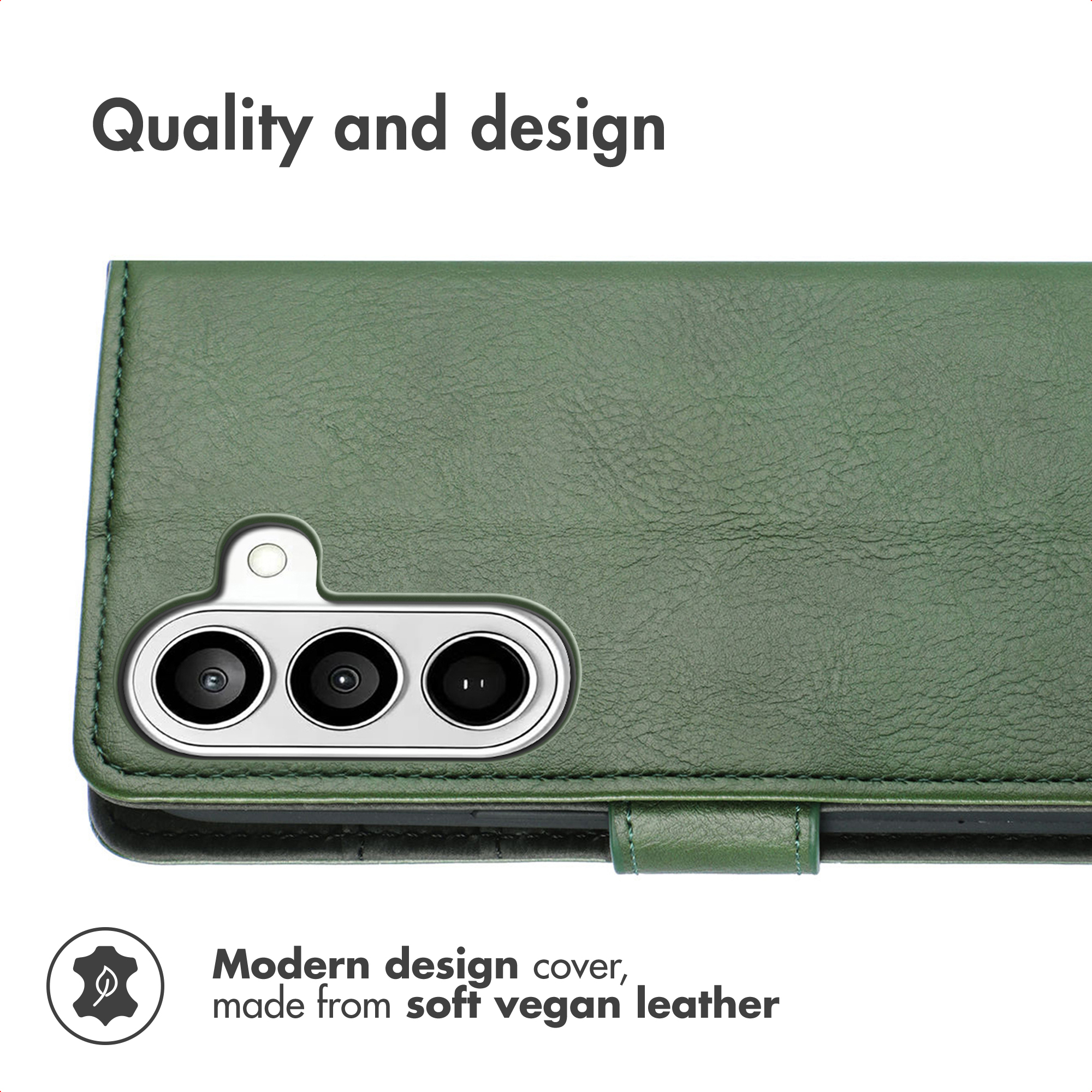 Groene vegan leren telefoonhoesje met camera-uitsparing en tekst.