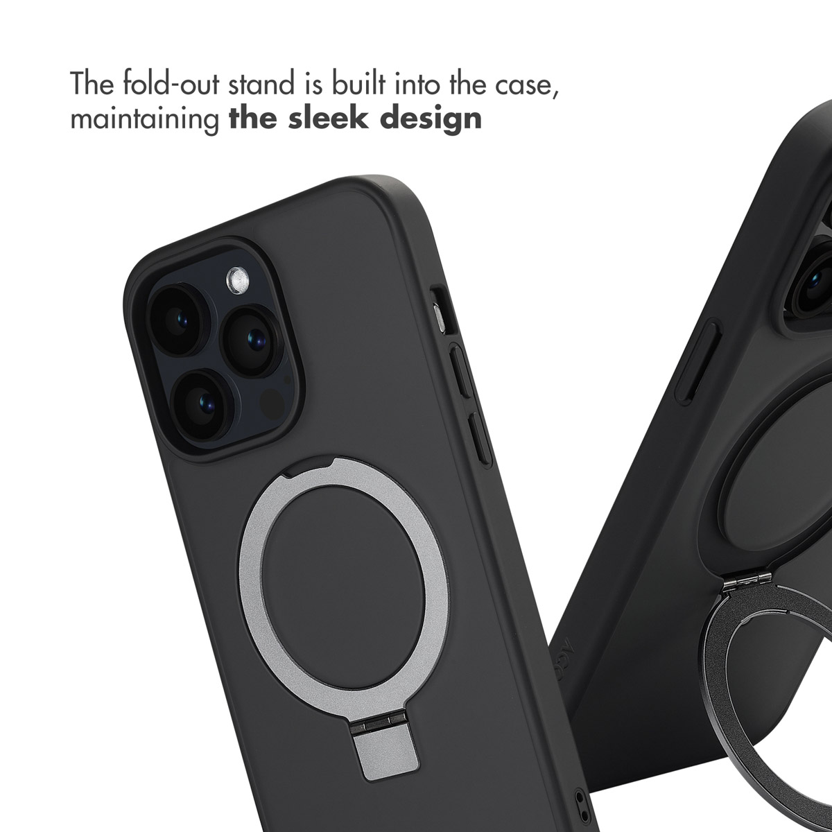 Due custodie nere per telefono con supporto ad anello pieghevole integrato su sfondo bianco.