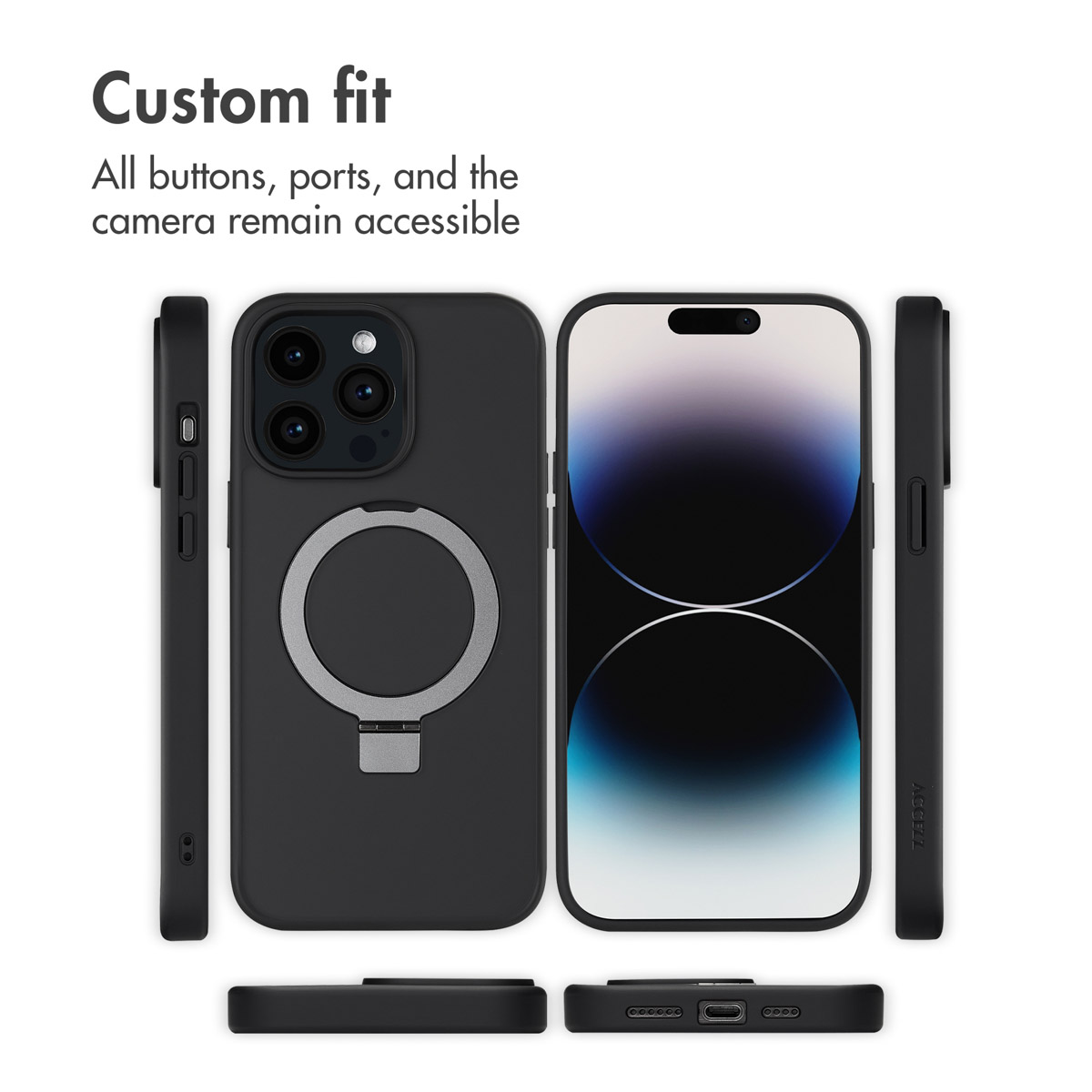 Custodia nera per telefono con anello di supporto e aperture per tasti, fotocamera e porte.