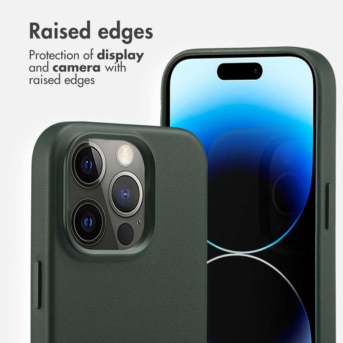 Uno smartphone in custodia verde, con bordi rialzati per proteggere fotocamera e display.
