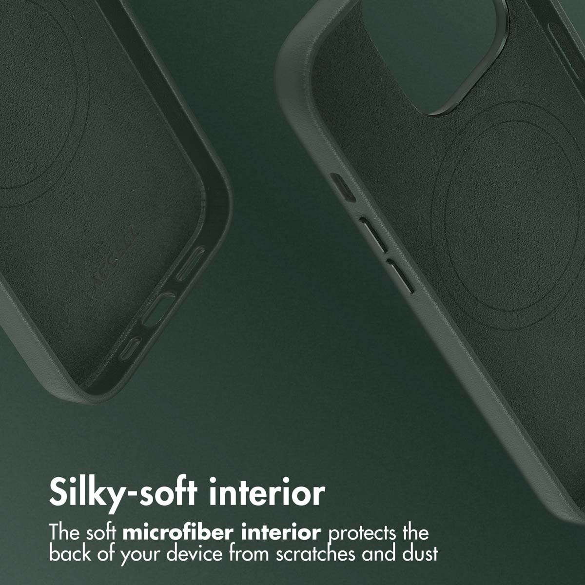 Due cover per telefono verde scuro con interno in morbida microfibra su sfondo verde.