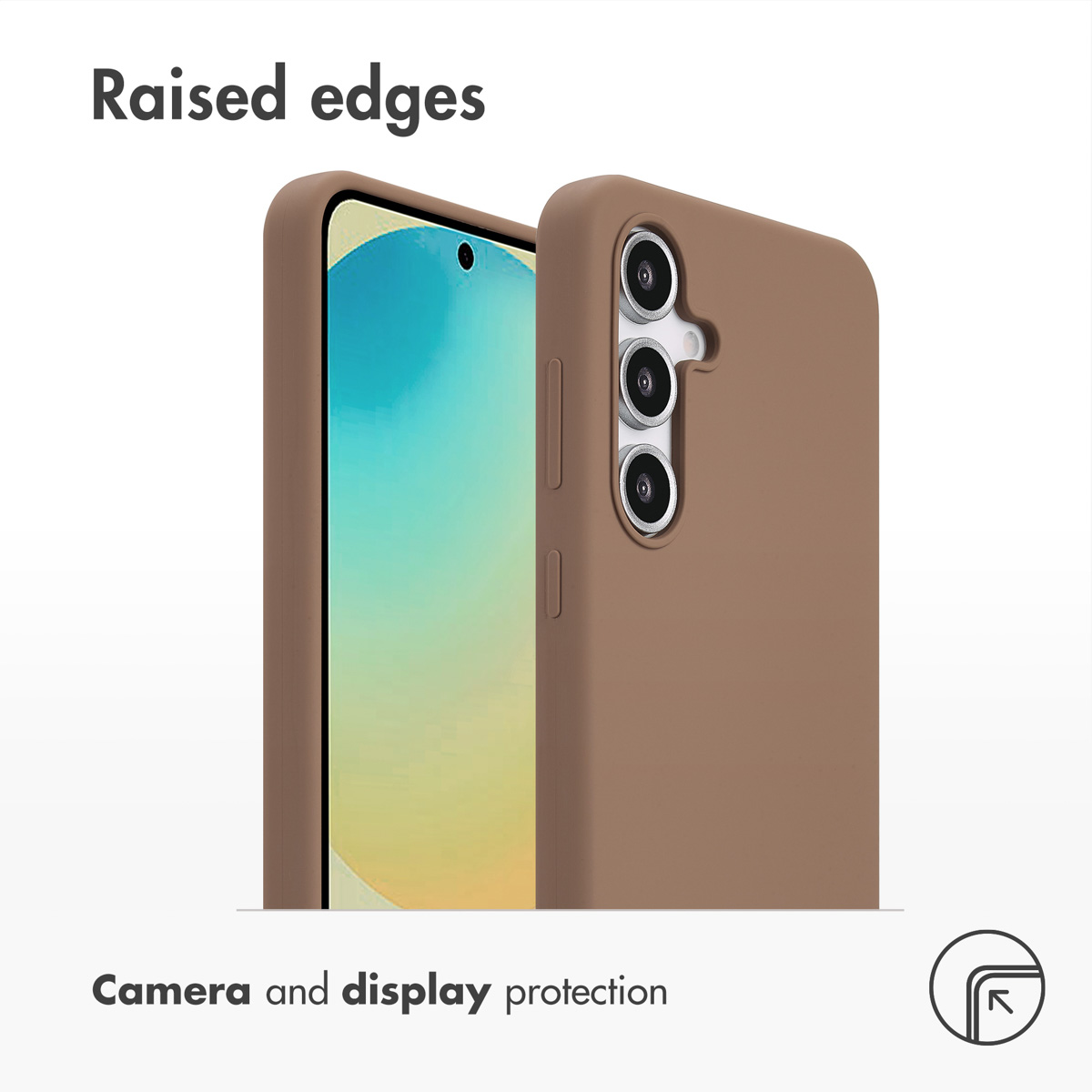 Eine braune Schutzhülle zeigt erhöhte Kanten für Kamera- und Display-Schutz an zwei Smartphone-Ansichten.