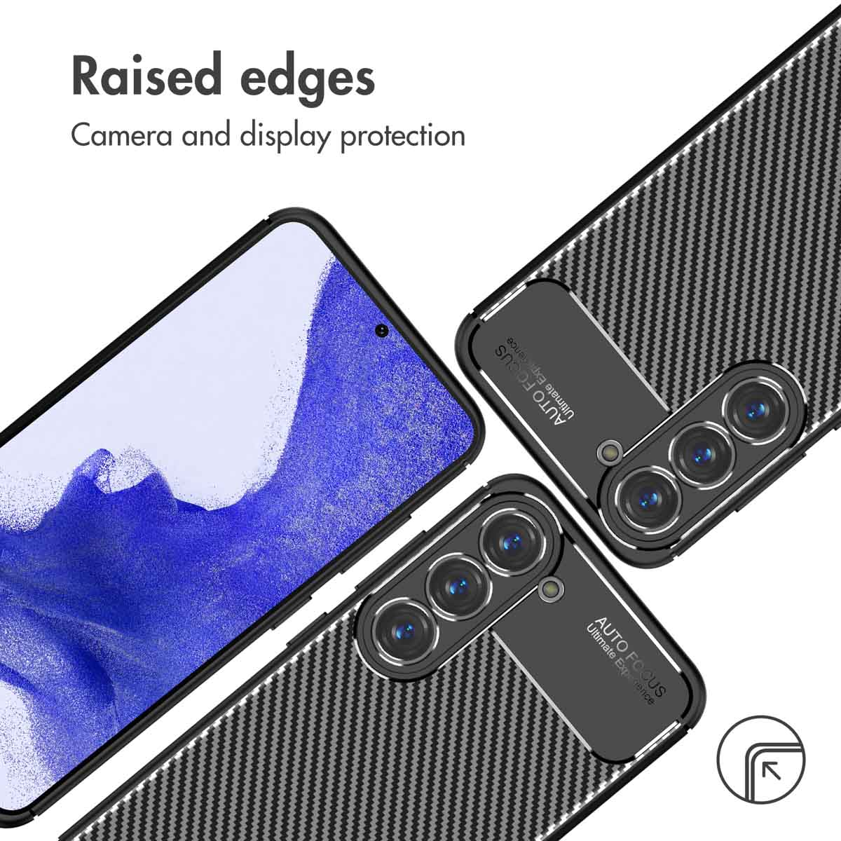 Smartphones avec coques à motif carbone, mettant en avant des bords surélevés.