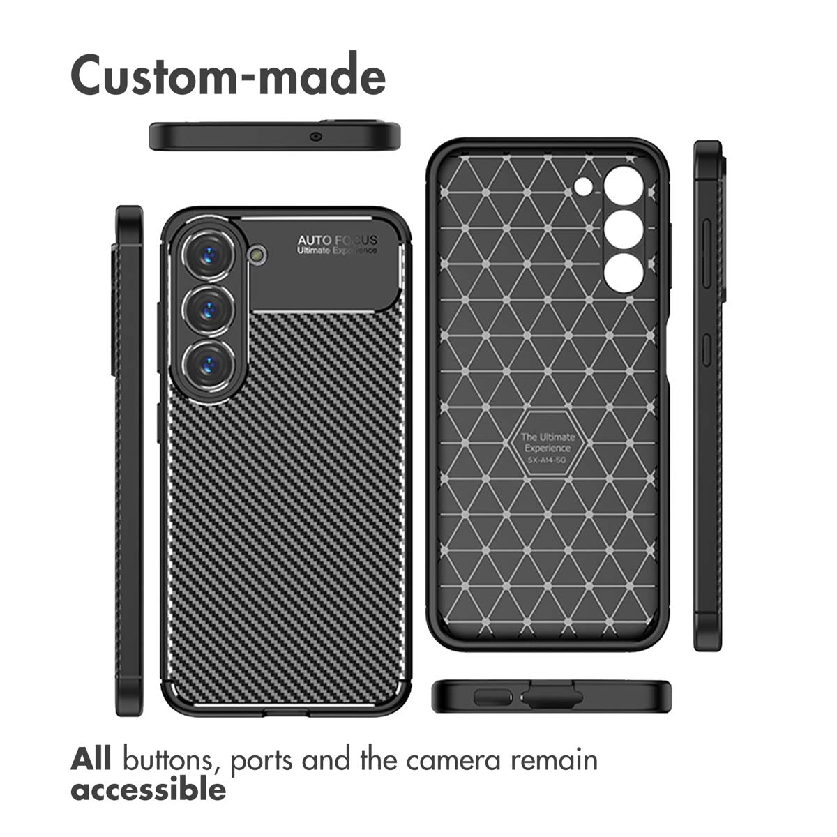 Plusieurs vues d'une coque de protection noire pour smartphone avec design en fibre de carbone et découpes précises.