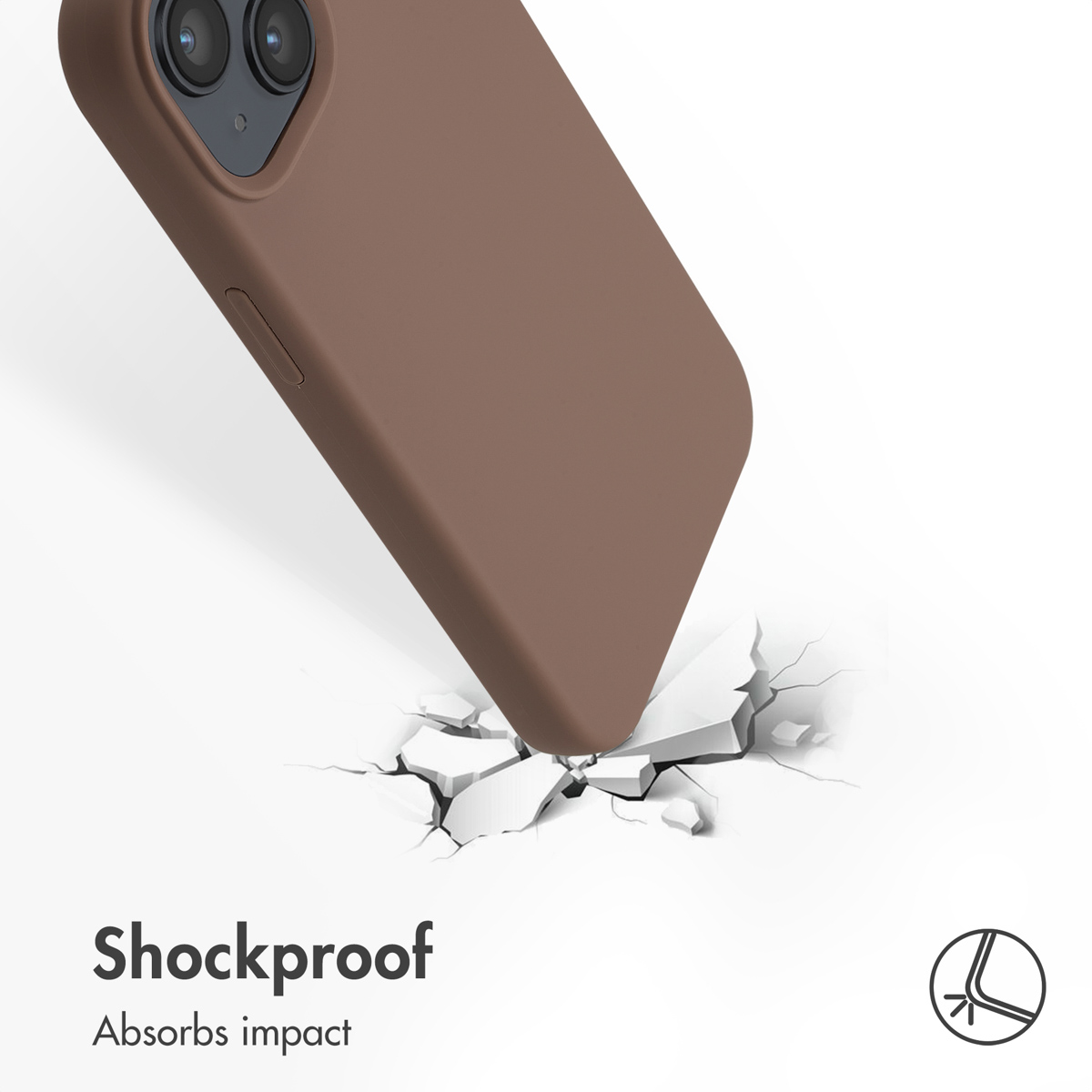 Une coque de téléphone marron frappant une surface blanche fissurée, illustrant l'absorption des chocs.