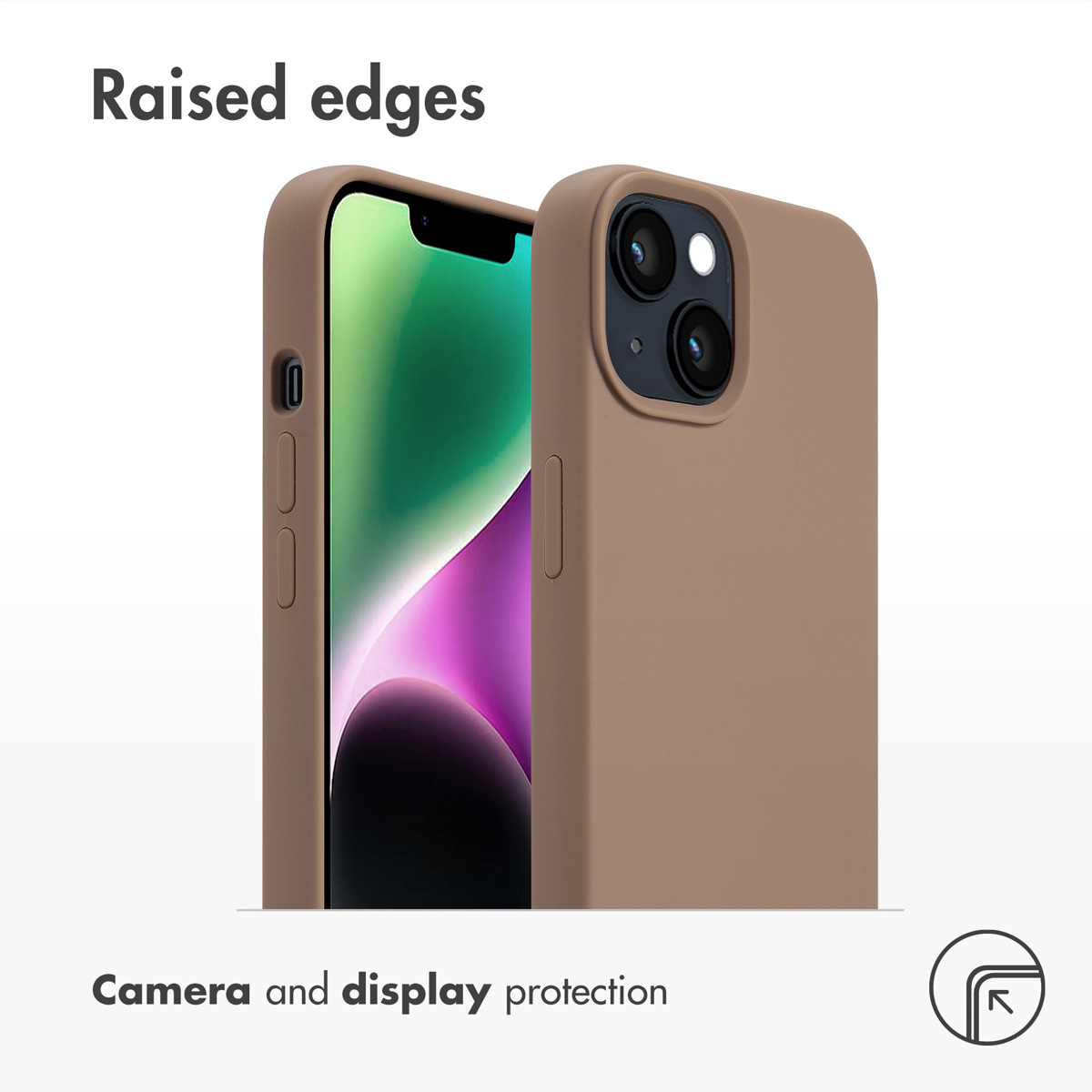 Coque de téléphone avec bords surélevés protégeant l'appareil photo et l'écran.