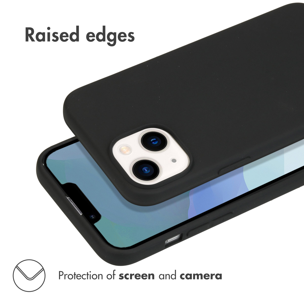 Funda de móvil negra con bordes elevados para proteger la pantalla y la cámara sobre fondo blanco.