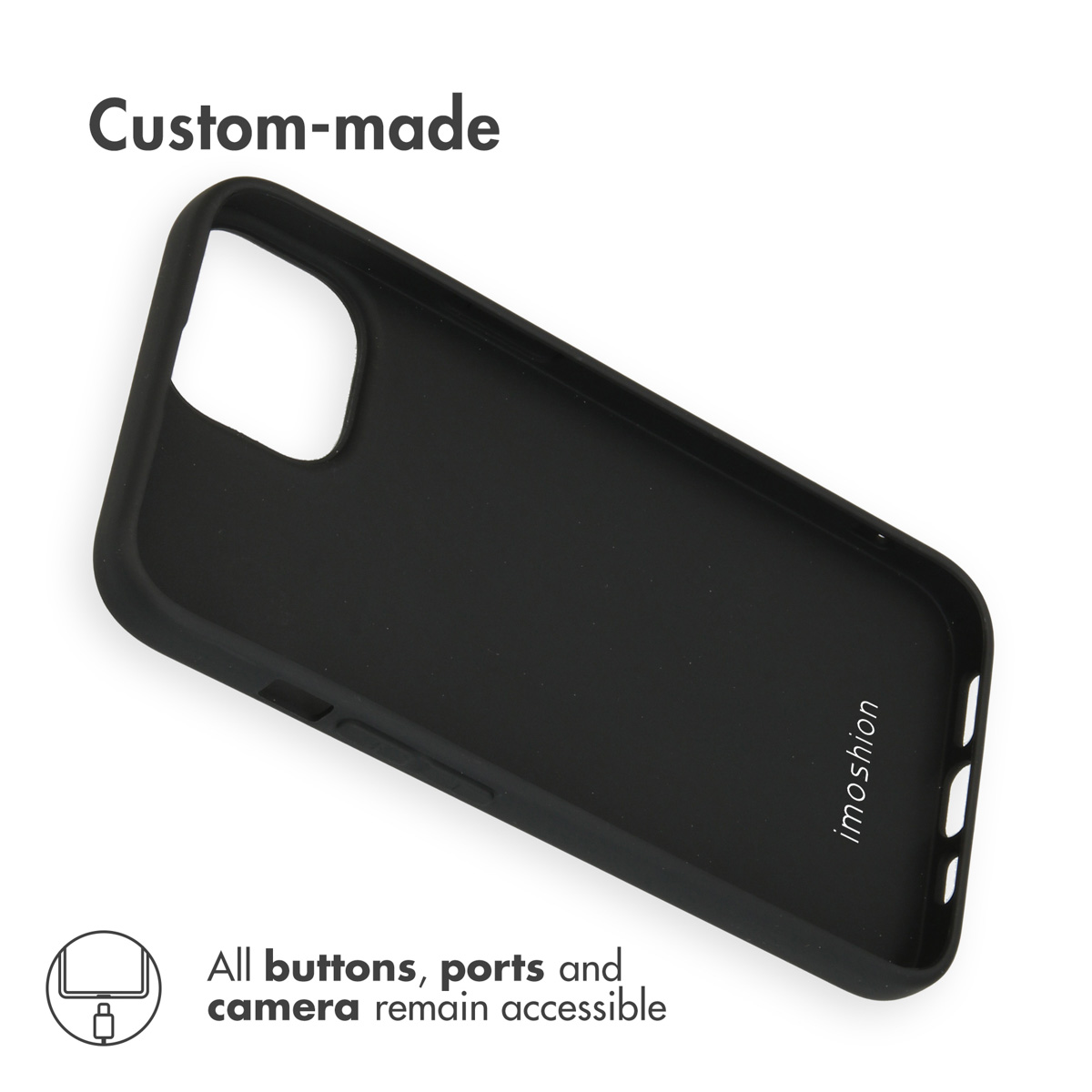 Una funda de móvil negra hecha a medida con aberturas para botones y puertos sobre fondo blanco.