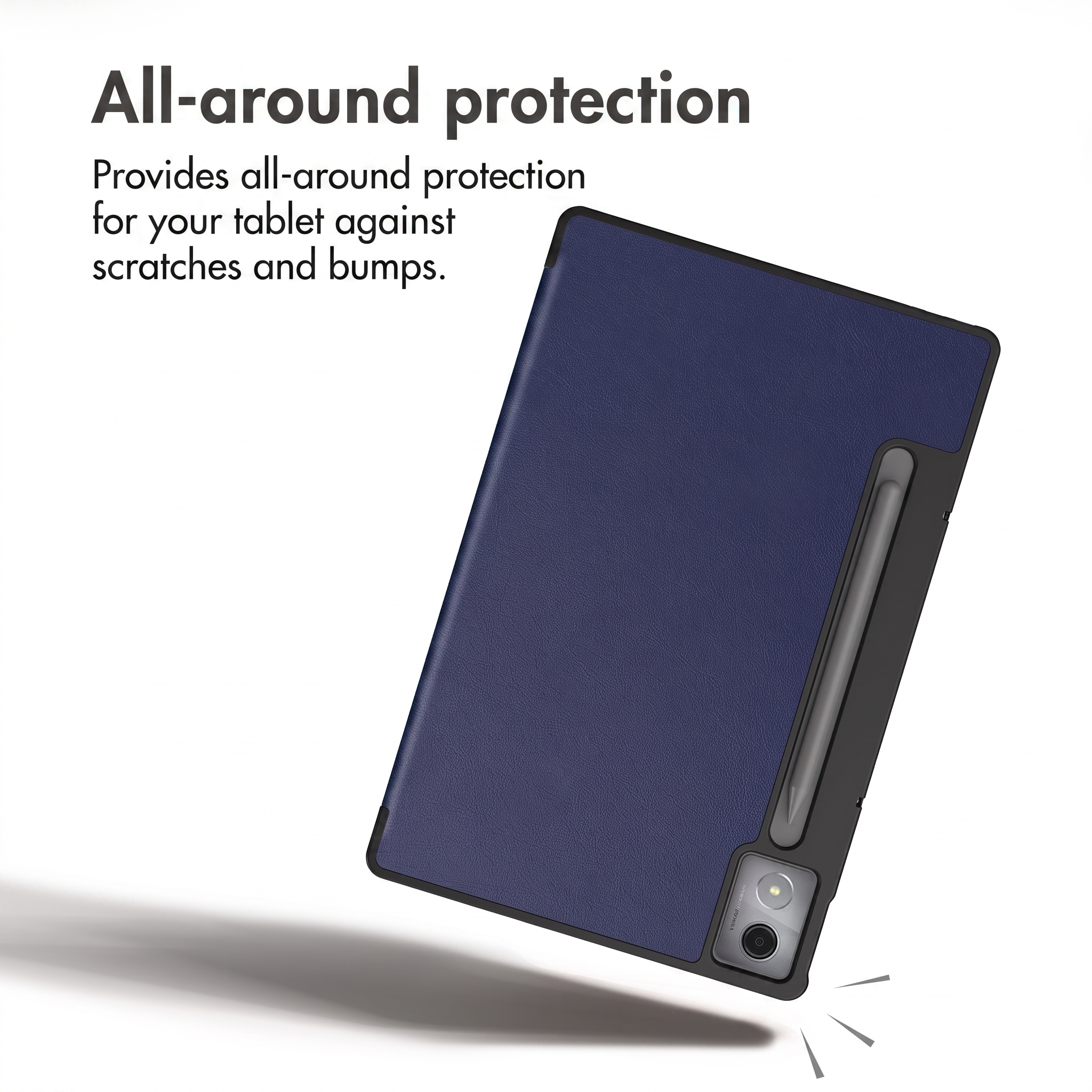 Dark blue tablet case with a stylus holder and camera cutout against a white background.