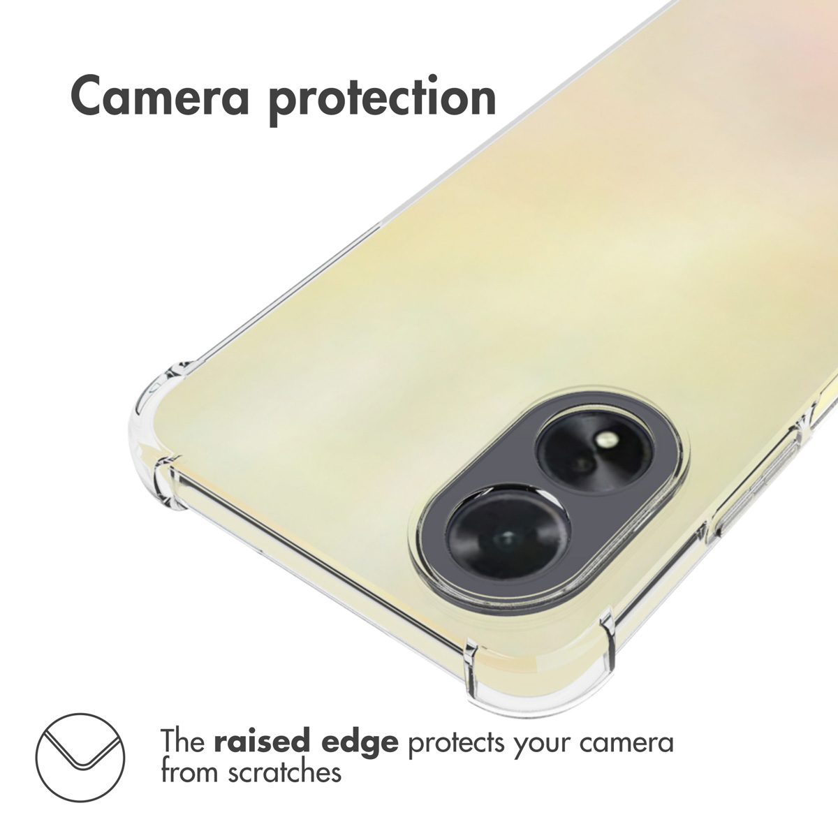 Funda protectora transparente en un smartphone con borde elevado para proteger la cámara.