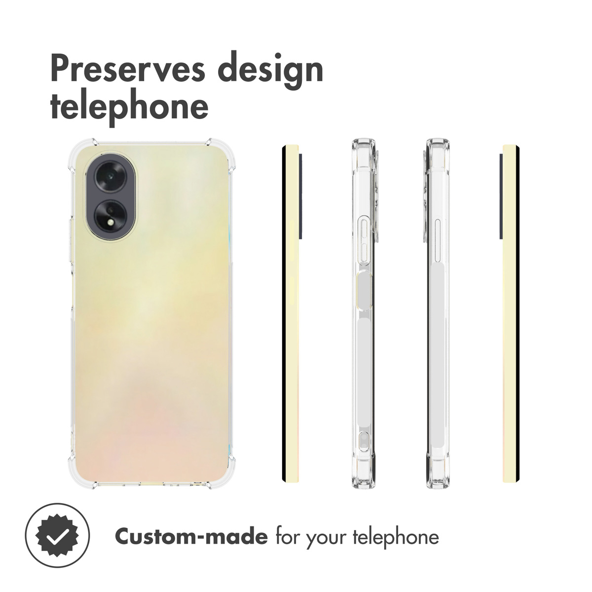 Cuatro vistas de una funda transparente para móvil con parte trasera amarilla clara y texto promocional.