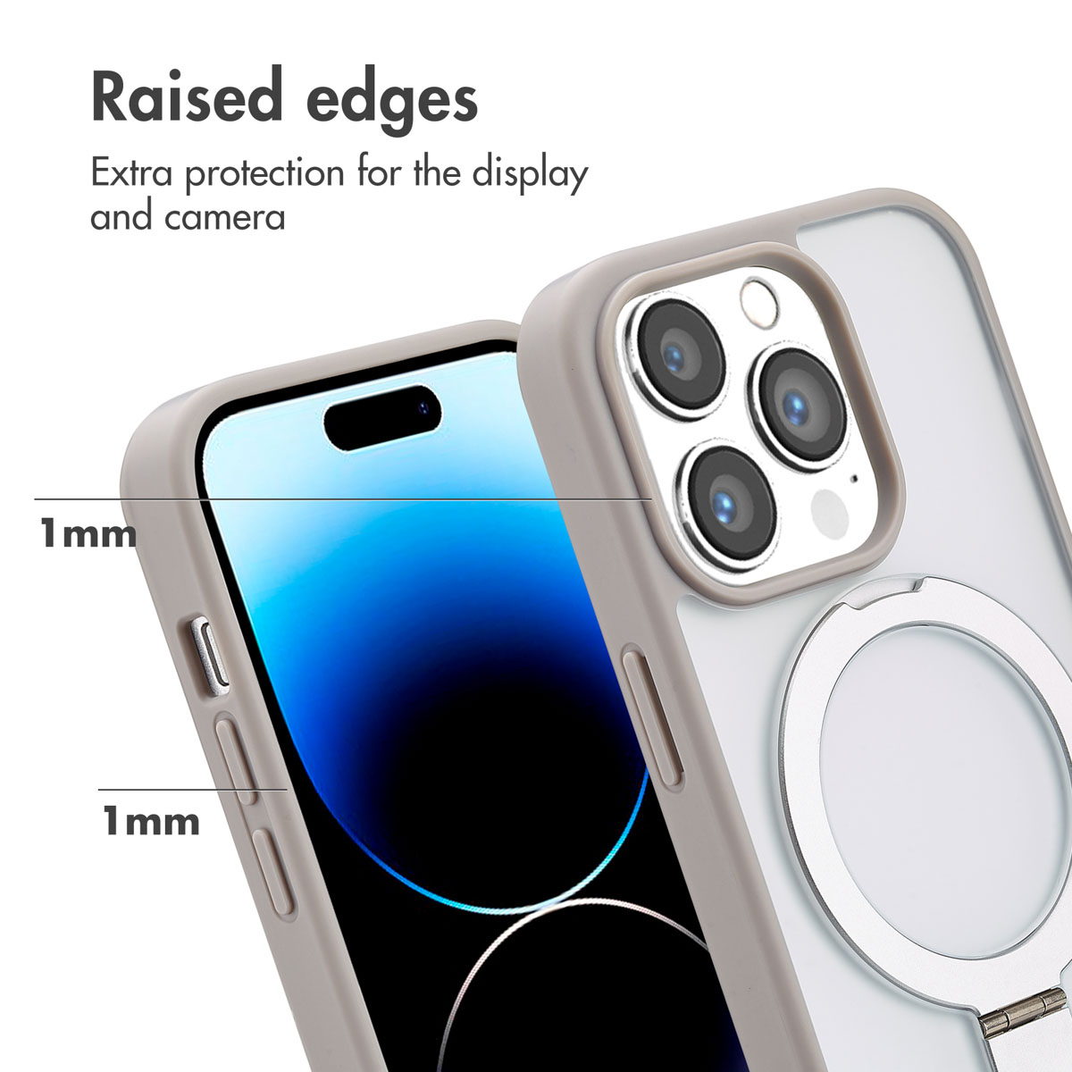 Smartphone in una custodia protettiva grigia con bordi rialzati attorno allo schermo e alla fotocamera.