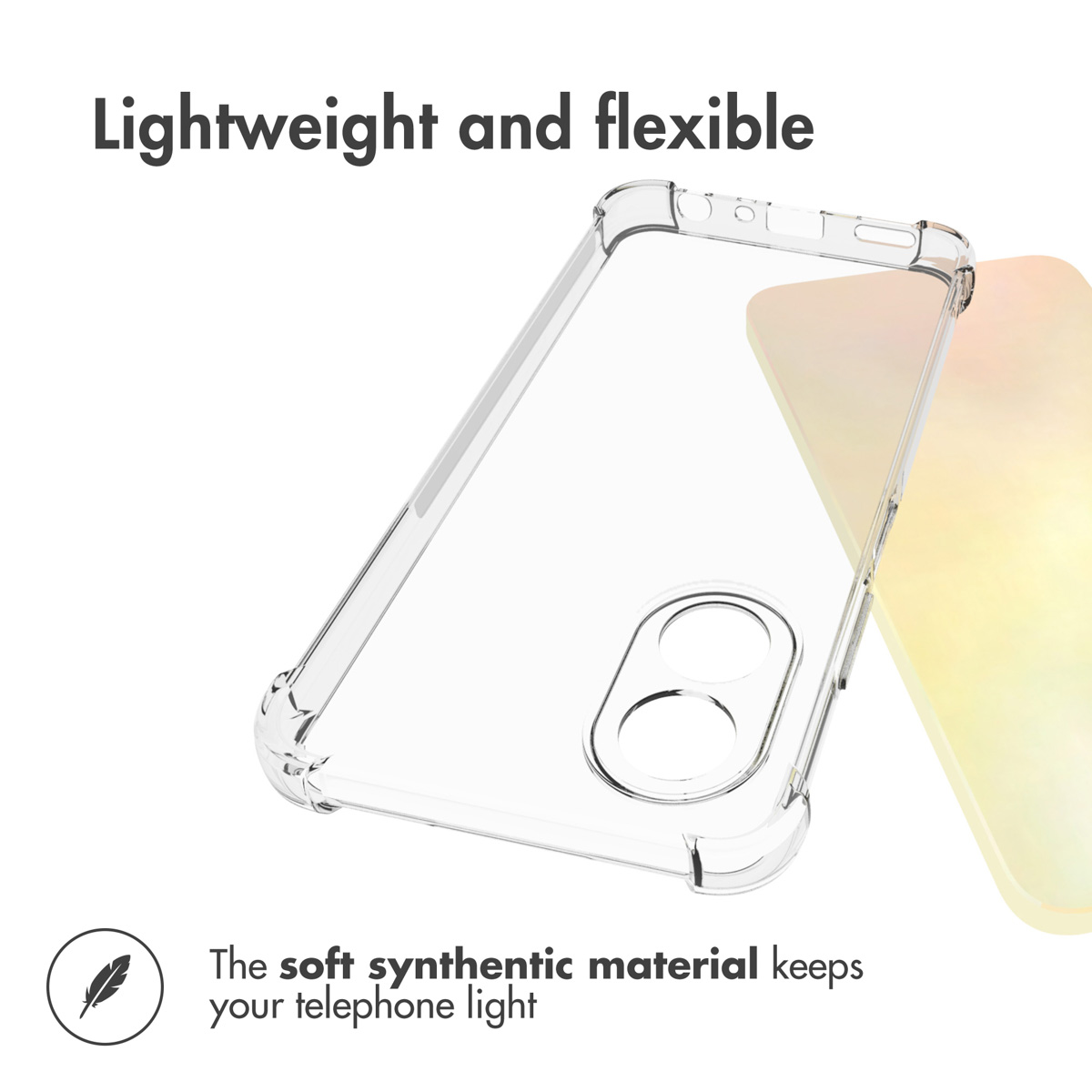 Funda protectora transparente y ligera para teléfono con una tarjeta degradada.