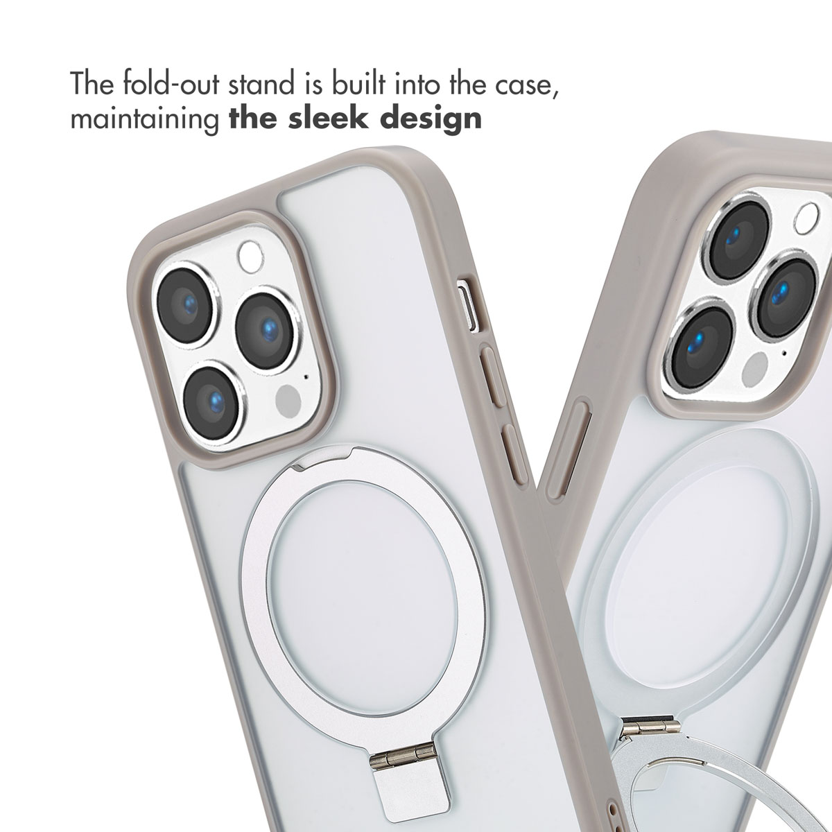 Due smartphone in custodie grige con supporti pieghevoli integrati e anelli MagSafe.