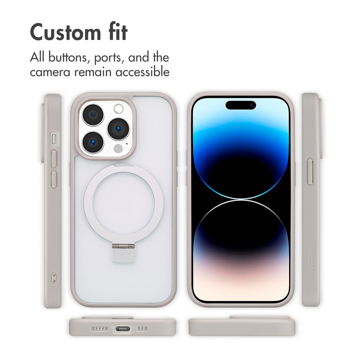 Varie viste di una custodia per telefono con supporto integrato e aperture per pulsanti e porte.