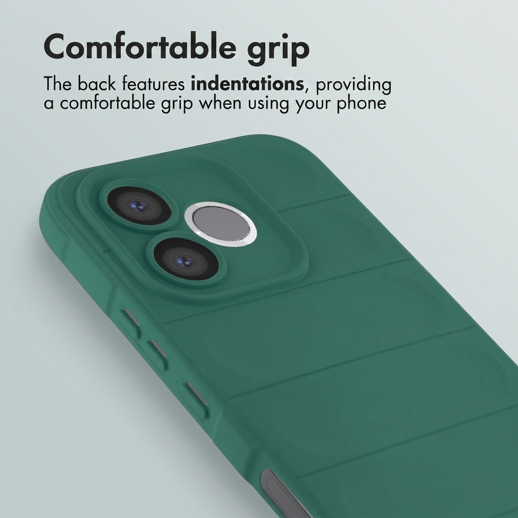 Groene telefoonhoes met camera-uitsparingen en comfortabele inkepingen aan de achterkant.