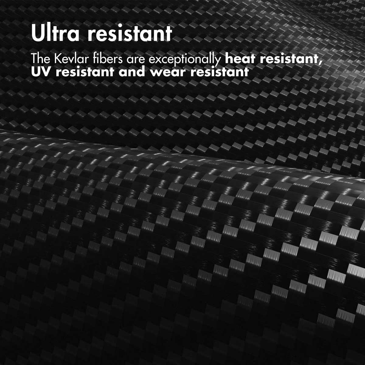 Gros plan d'une texture de fibre de carbone Kevlar noire avec le texte Ultra résistant et des détails.