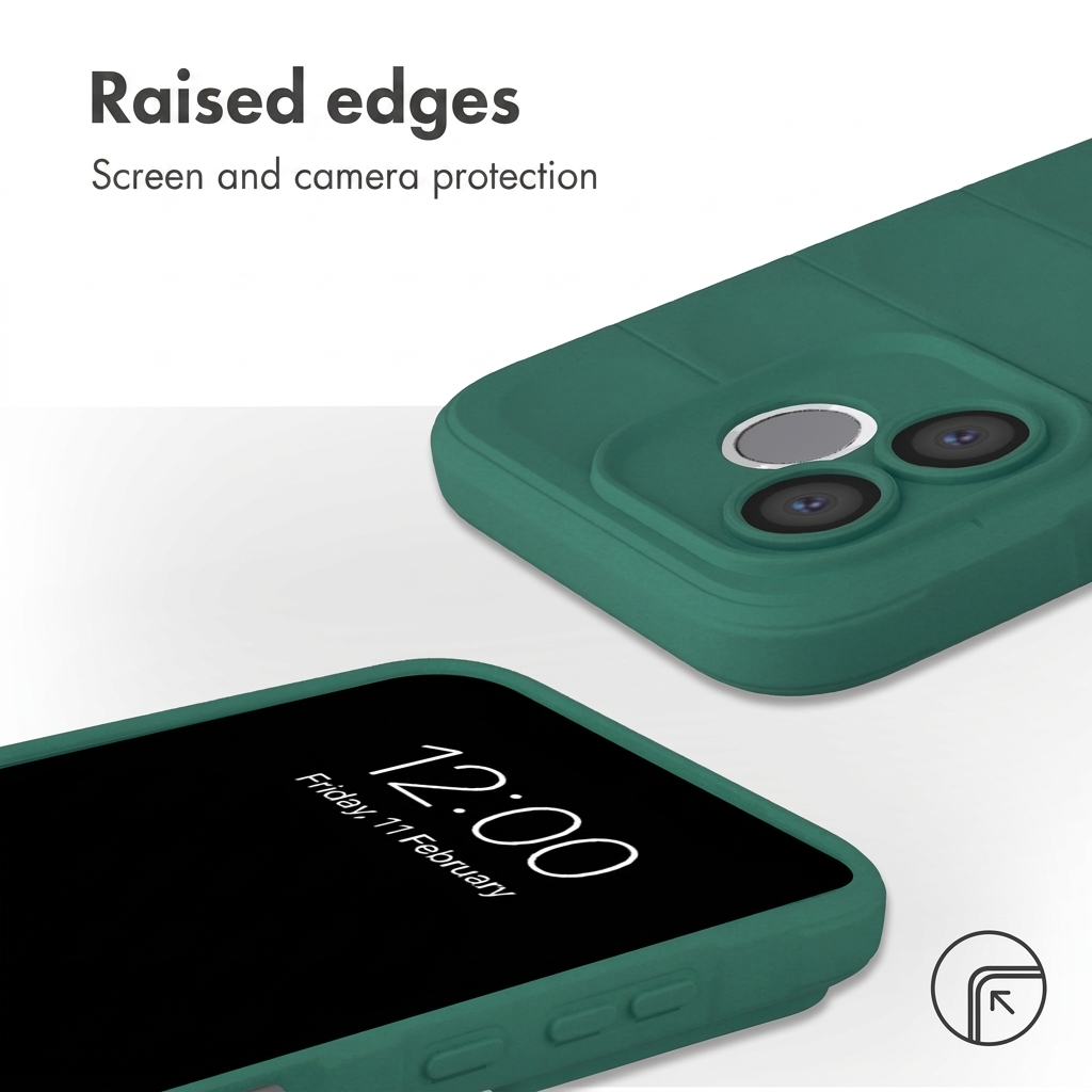 Groene telefoonhoes met verhoogde randen voor scherm- en camerabescherming.