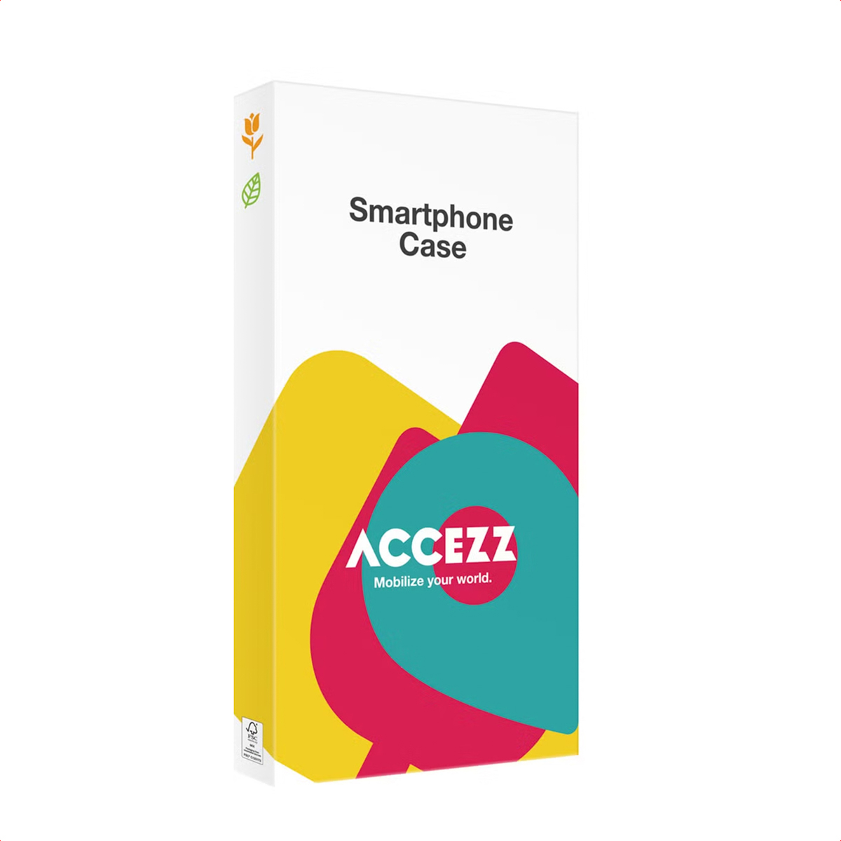 Une boîte de coque de smartphone Accezz blanche avec des formes abstraites jaunes, rouges et sarcelle.