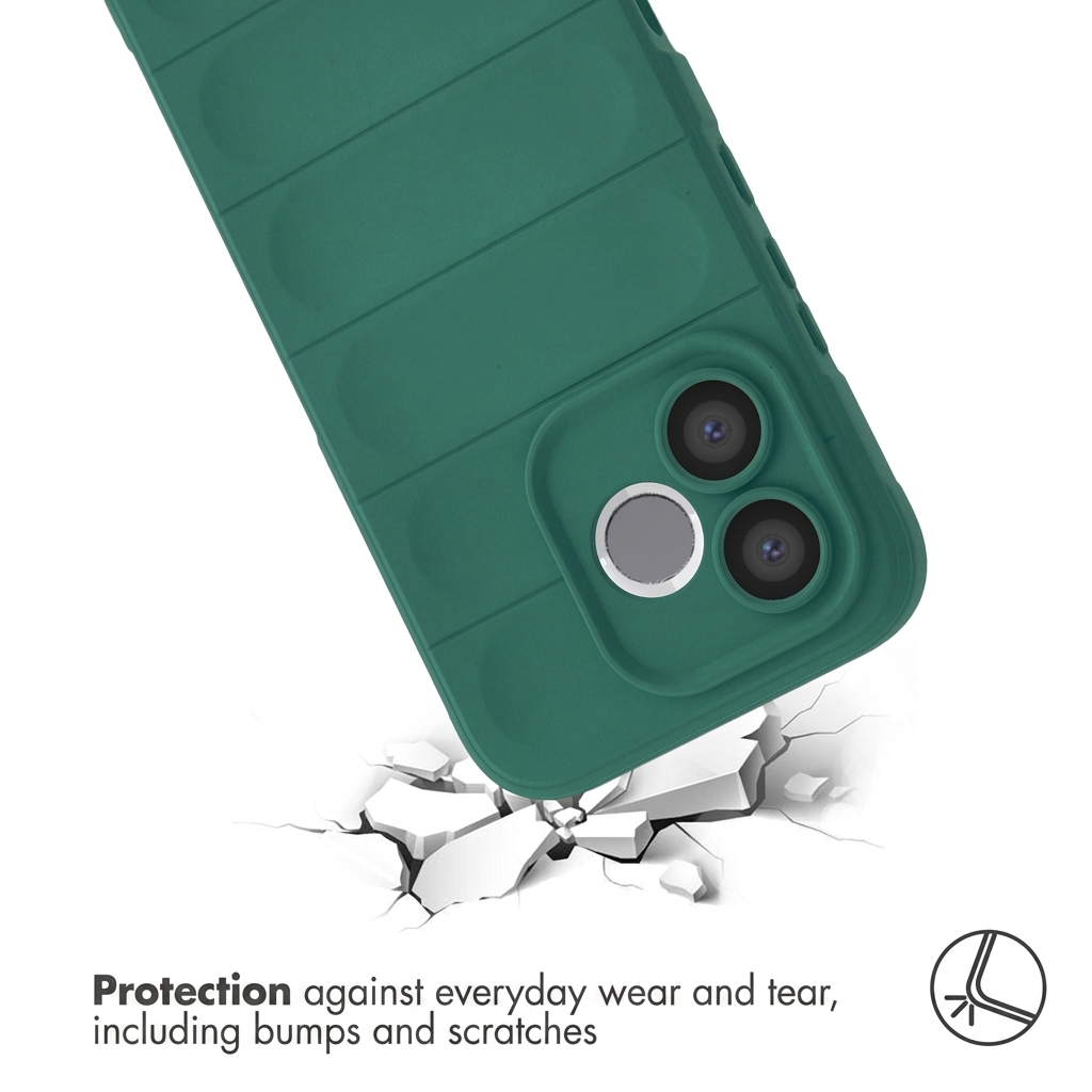 Een groene puffer telefoonhoes zweeft boven gebroken grond, met nadruk op bescherming tegen stoten en krassen.