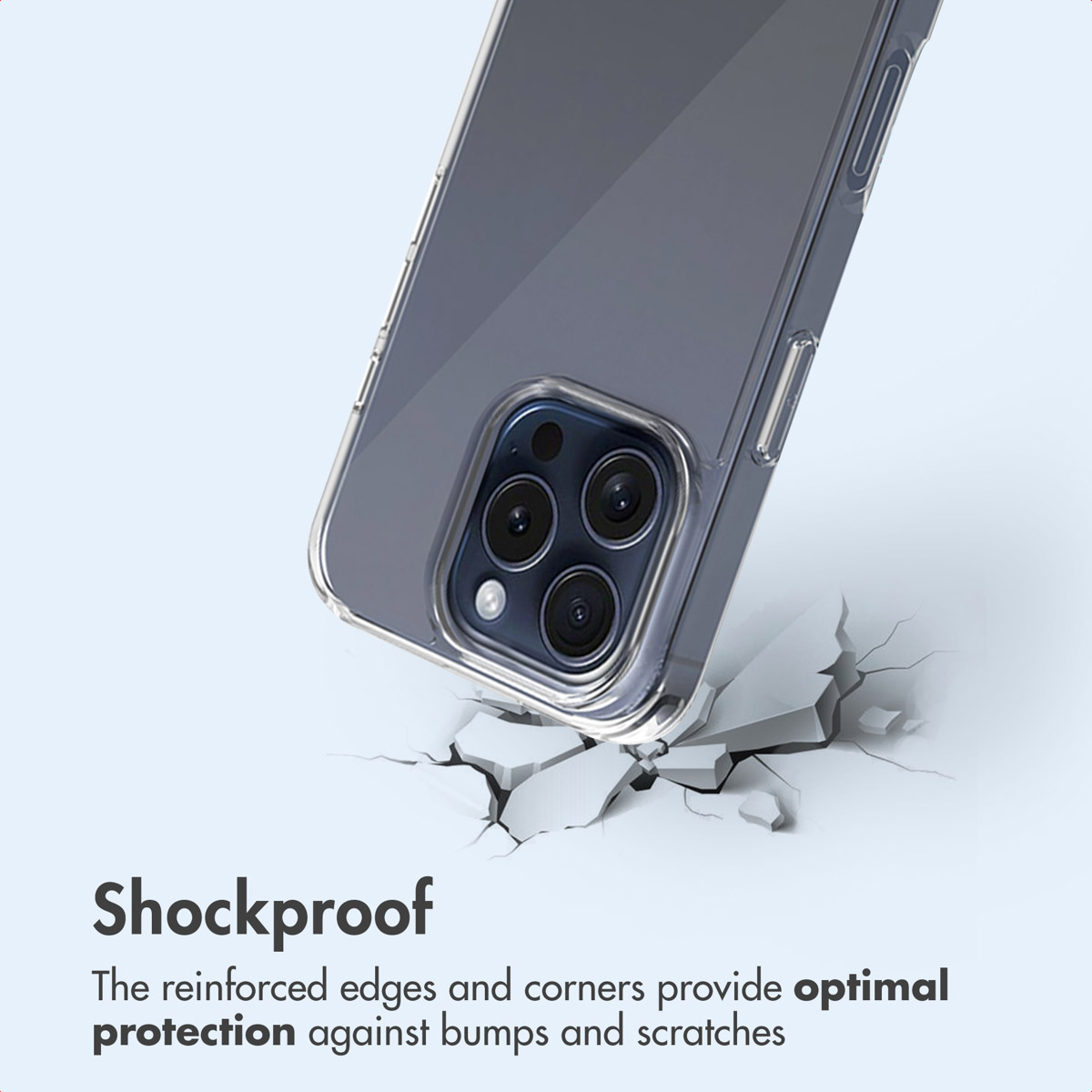 Un teléfono inteligente en una funda resistente a los golpes sobre una superficie agrietada, con el texto Shockproof.