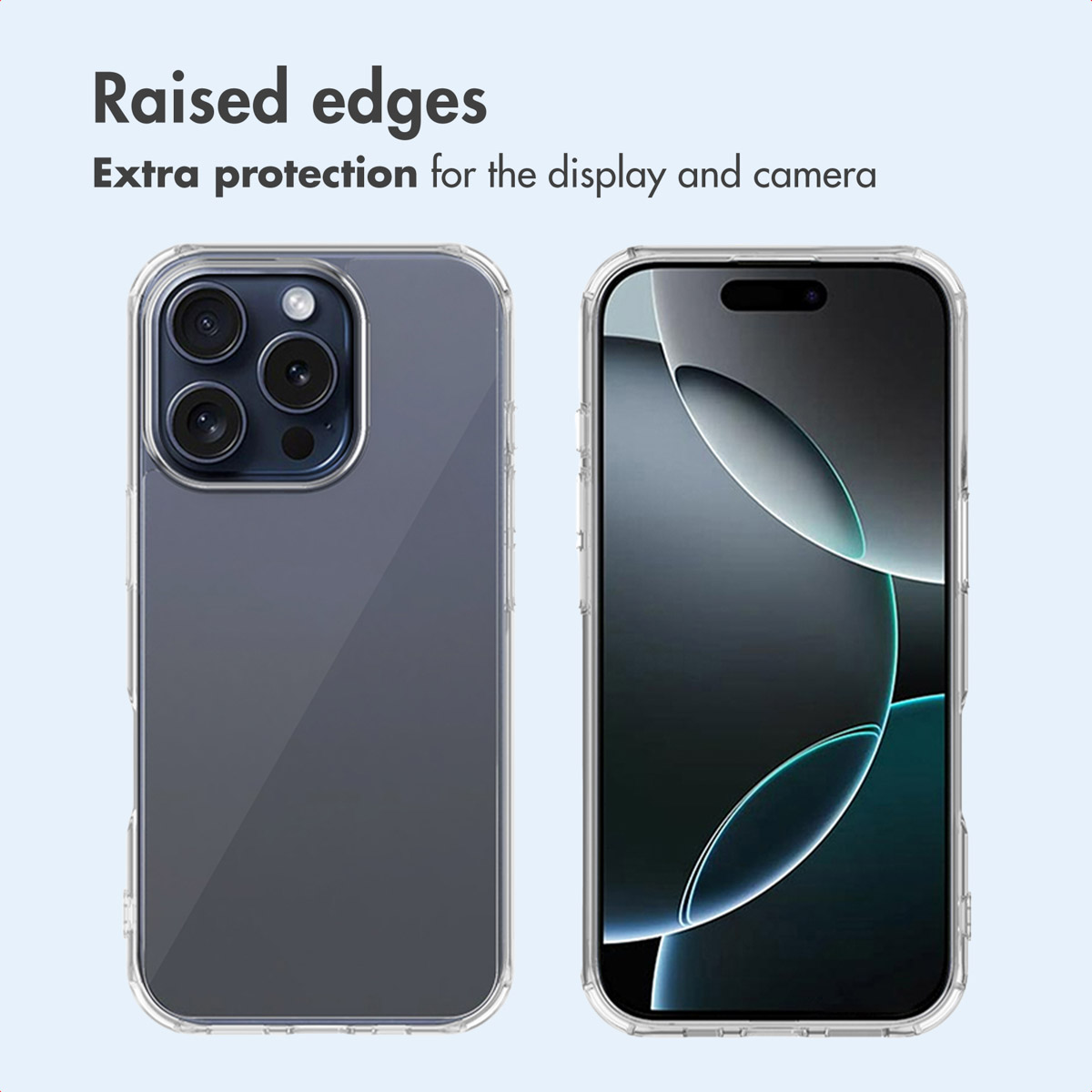 Dos smartphones en fundas transparentes que muestran vistas frontal y trasera sobre fondo claro.