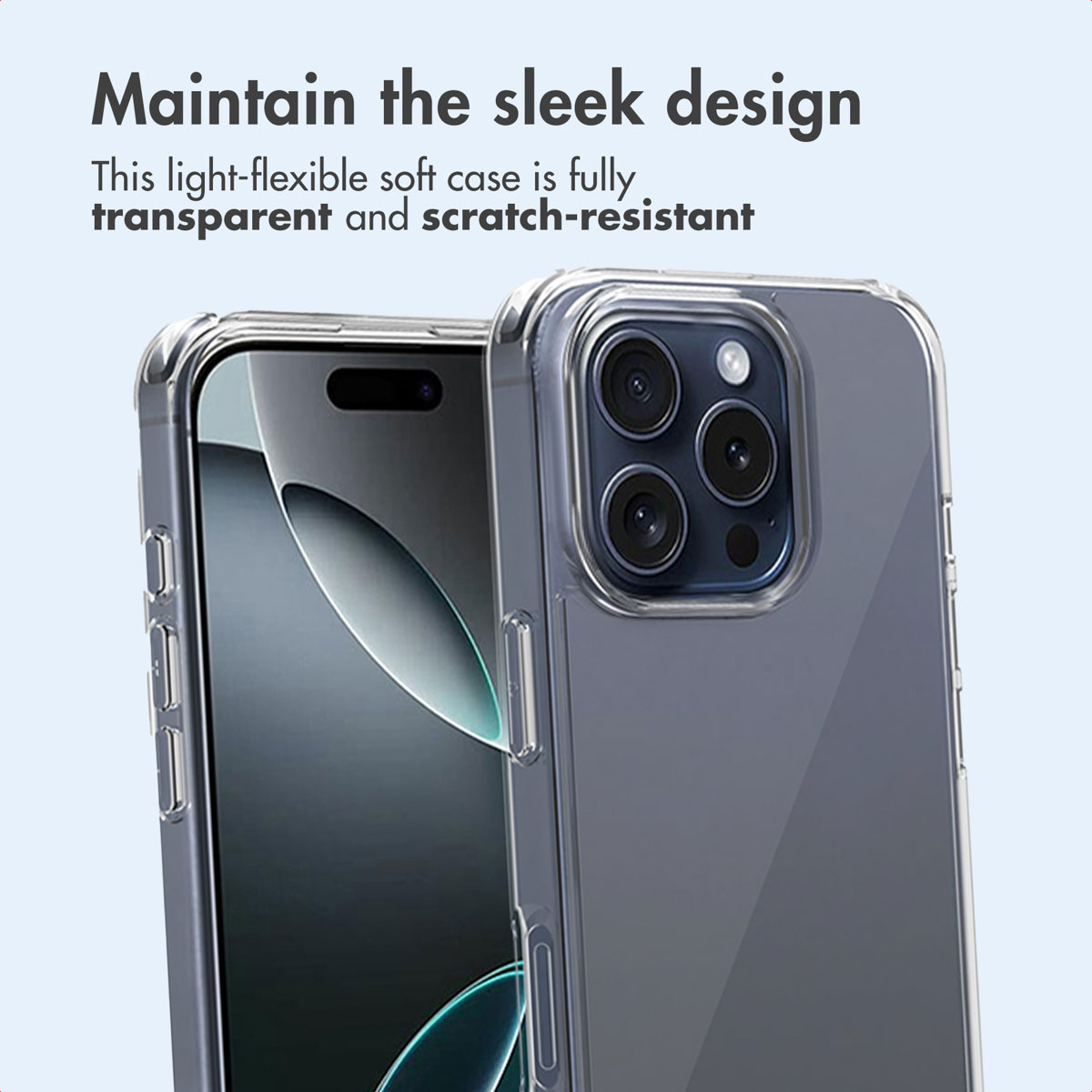 Dos teléfonos inteligentes en fundas protectoras transparentes sobre fondo claro con texto en inglés.