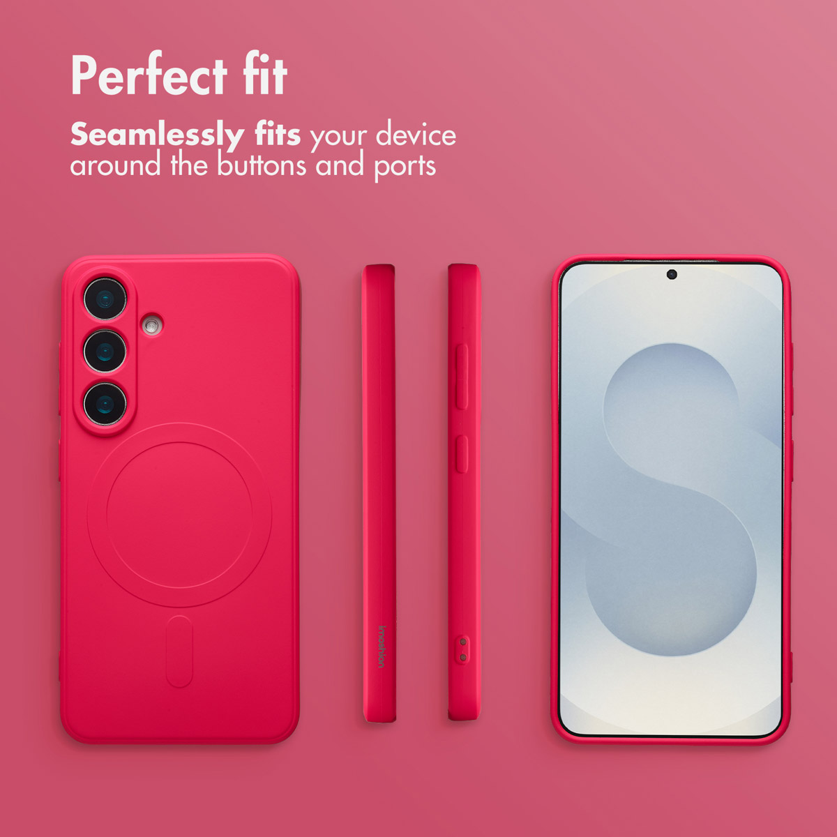 Rosa Smartphone in einer Hülle, gezeigt von vorne, hinten und an den Seiten, vor einem pinken Hintergrund.