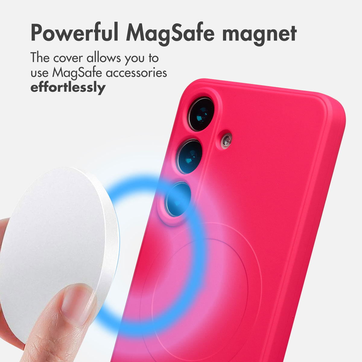 Hand in pinker Hülle zeigt starken MagSafe-Magneten.