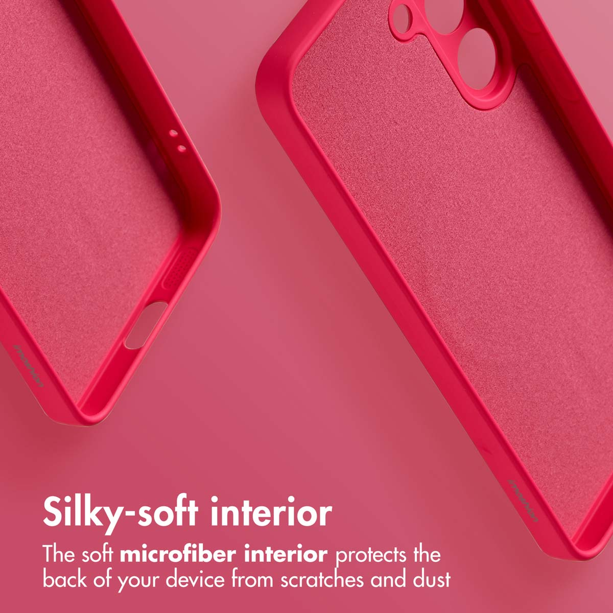 Zwei pinke Handyhüllen mit weicher Mikrofasereinlage auf pinkem Hintergrund.