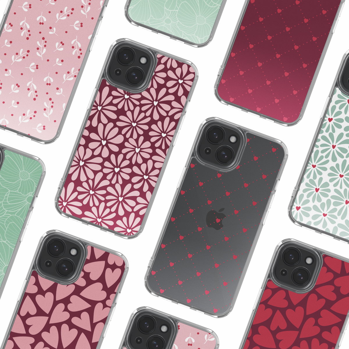 Verschillende telefoonhoesjes met kleurrijke patronen van bloemen en harten op een witte achtergrond.