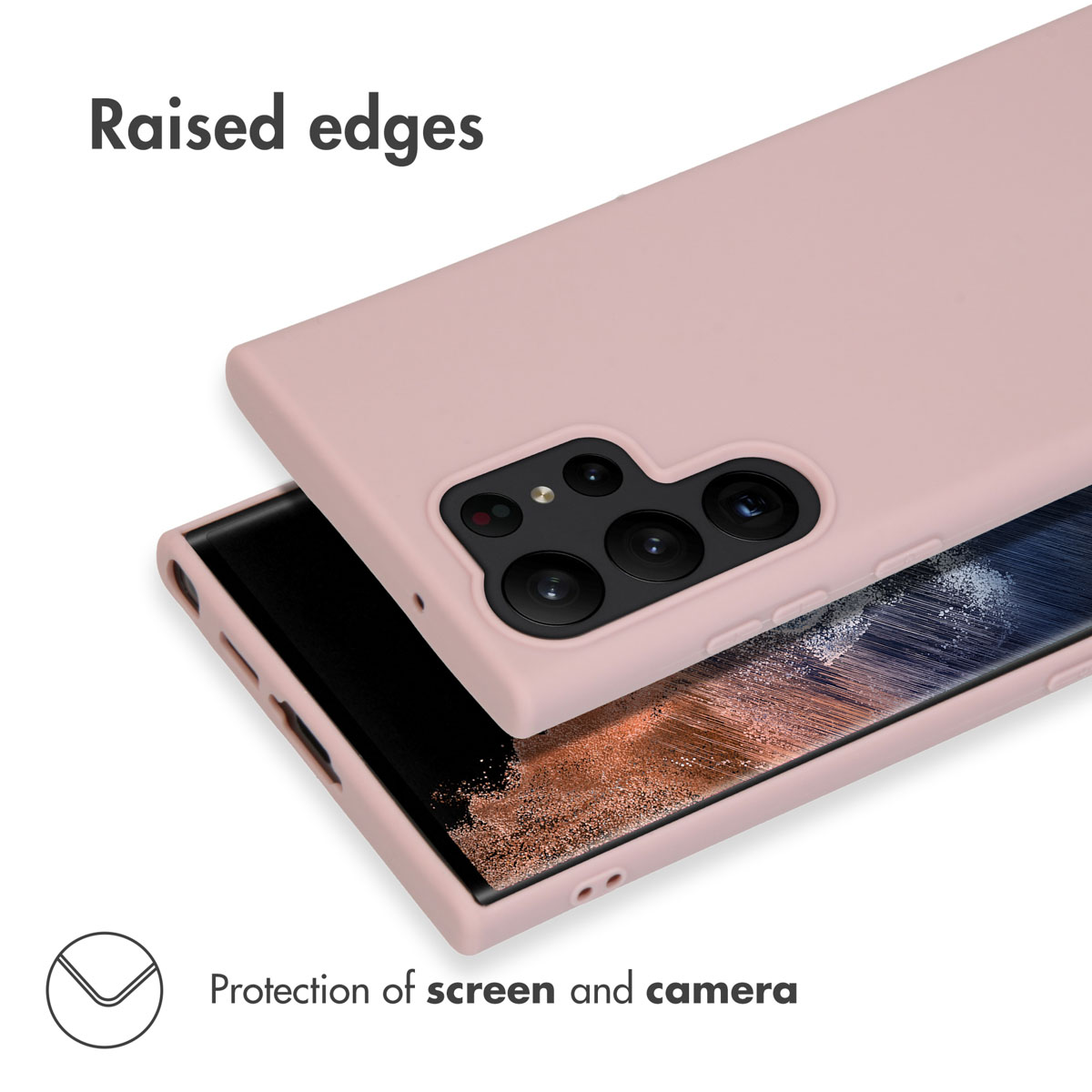 Coque de téléphone rose avec des bords surélevés pour protéger l'écran et l'appareil photo.