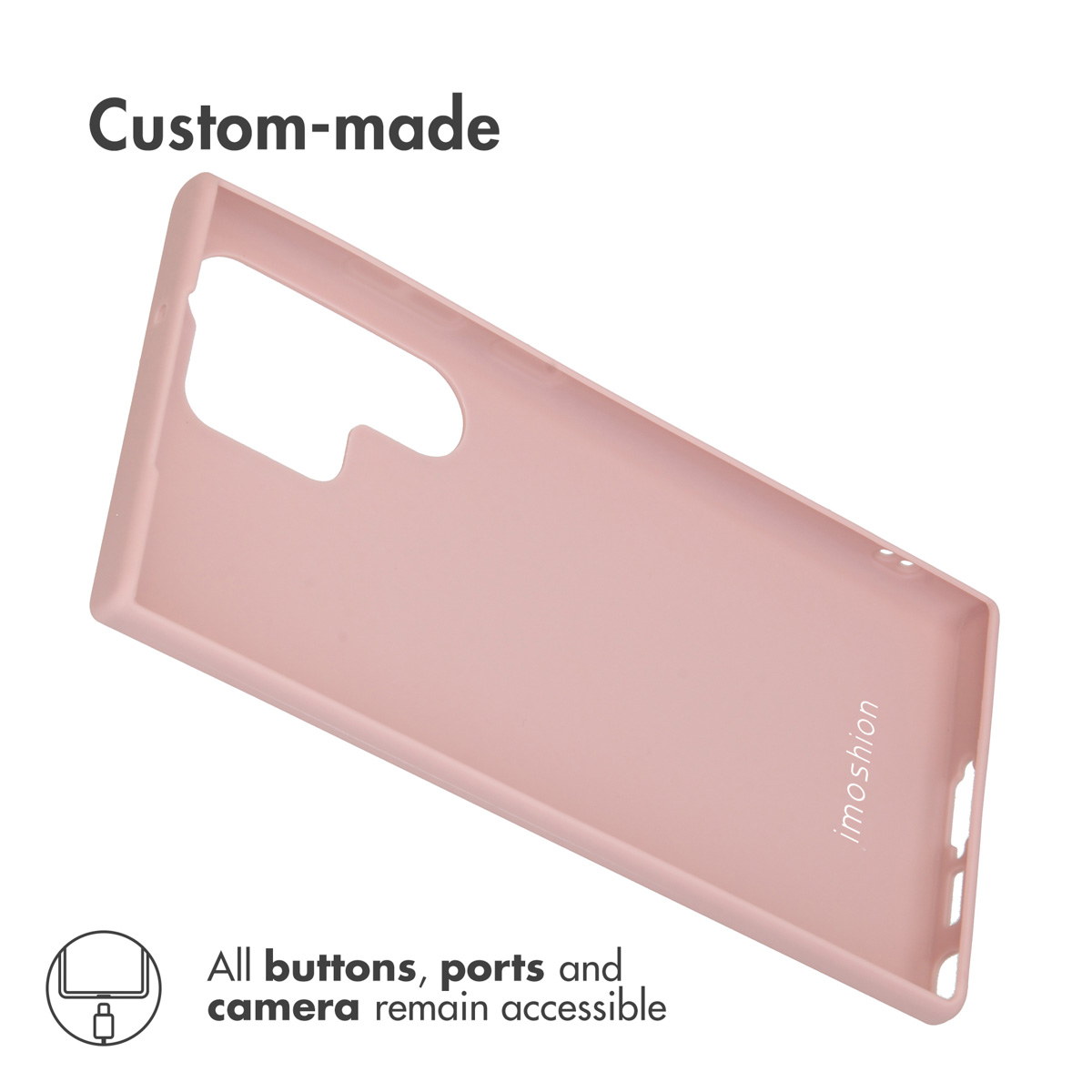 Une coque de smartphone rose avec des découpes précises pour l'appareil photo et les ports sur fond blanc.