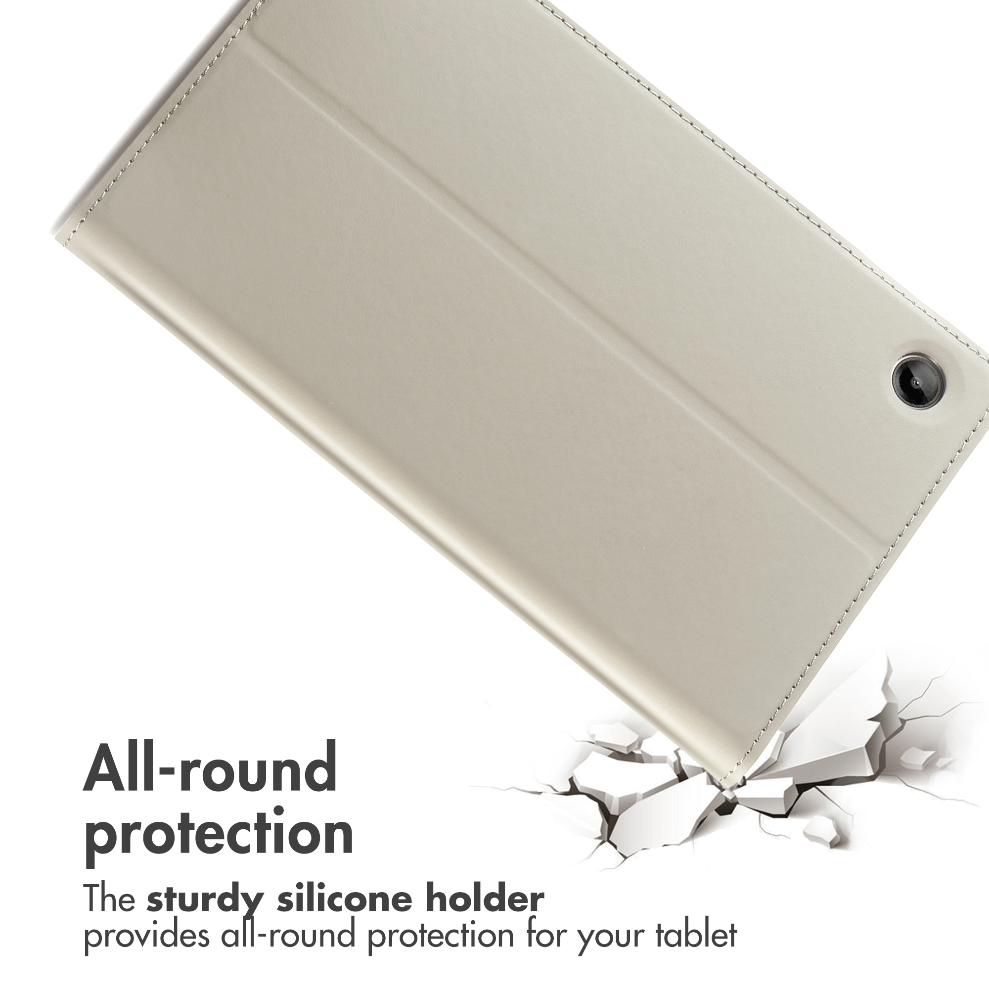 Un étui de tablette beige sur fond blanc avec du texte de protection en bas.