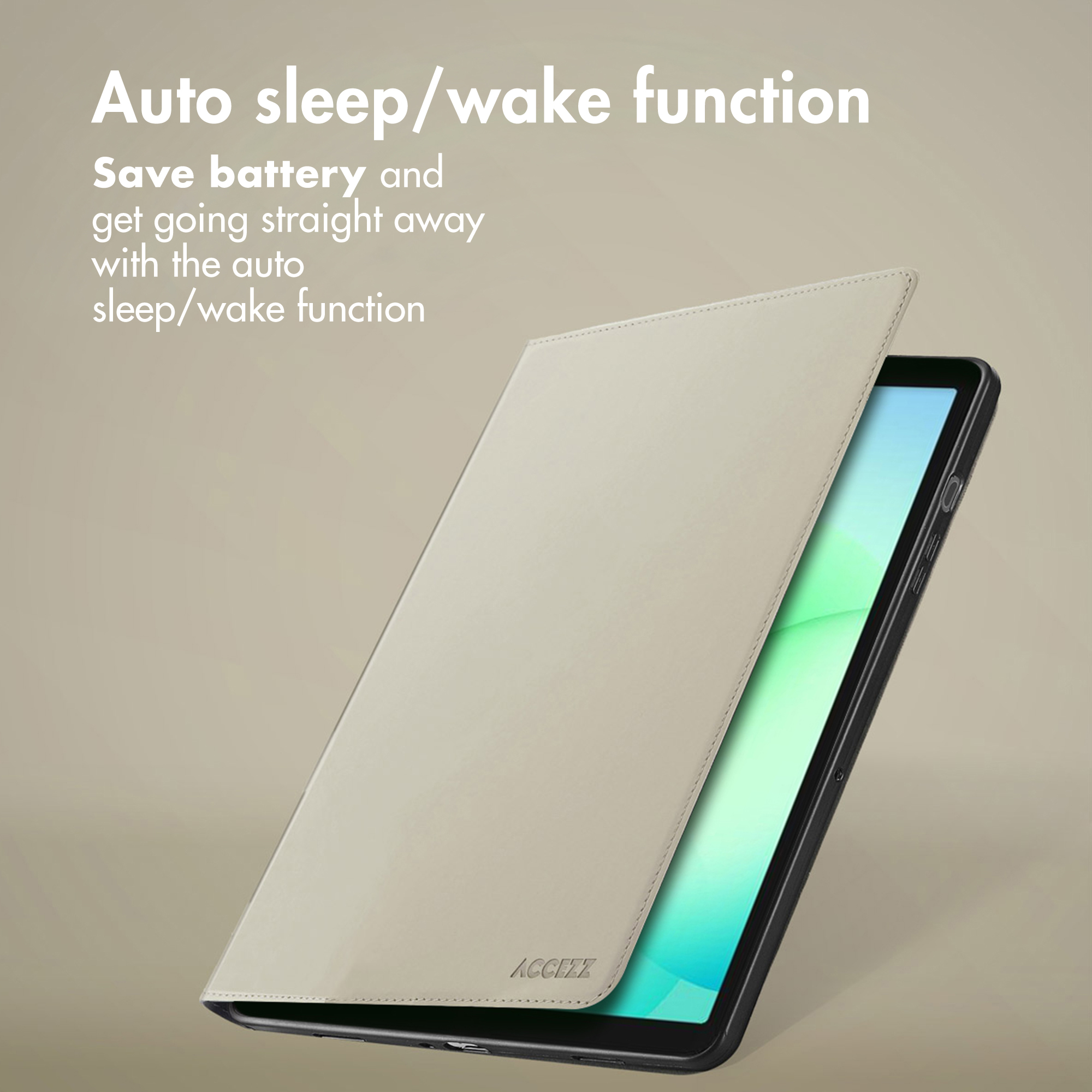 Un étui de tablette beige avec fonction veille/réveil automatique.