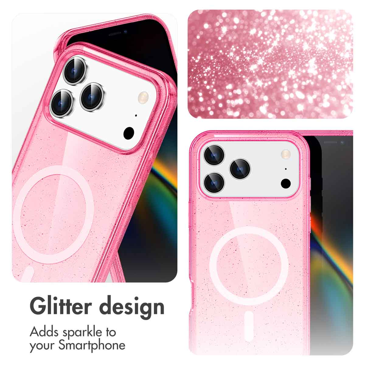 Coque de smartphone rose pailletée avec anneau MagSafe, texte Glitter design.