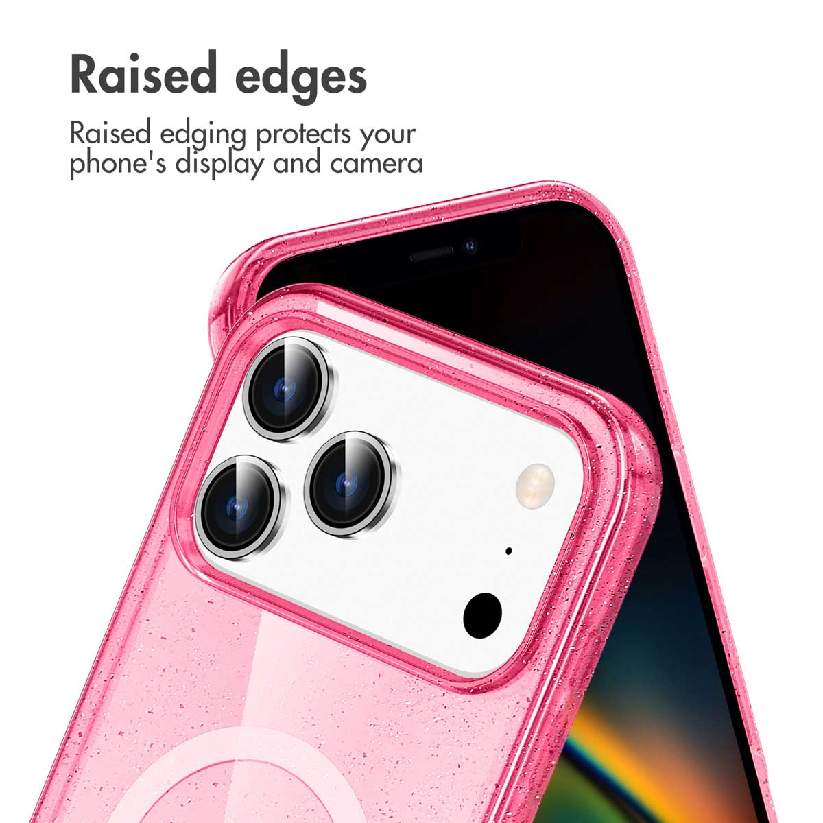 Coque de smartphone rose avec des bords surélevés protégeant l'écran et la caméra.