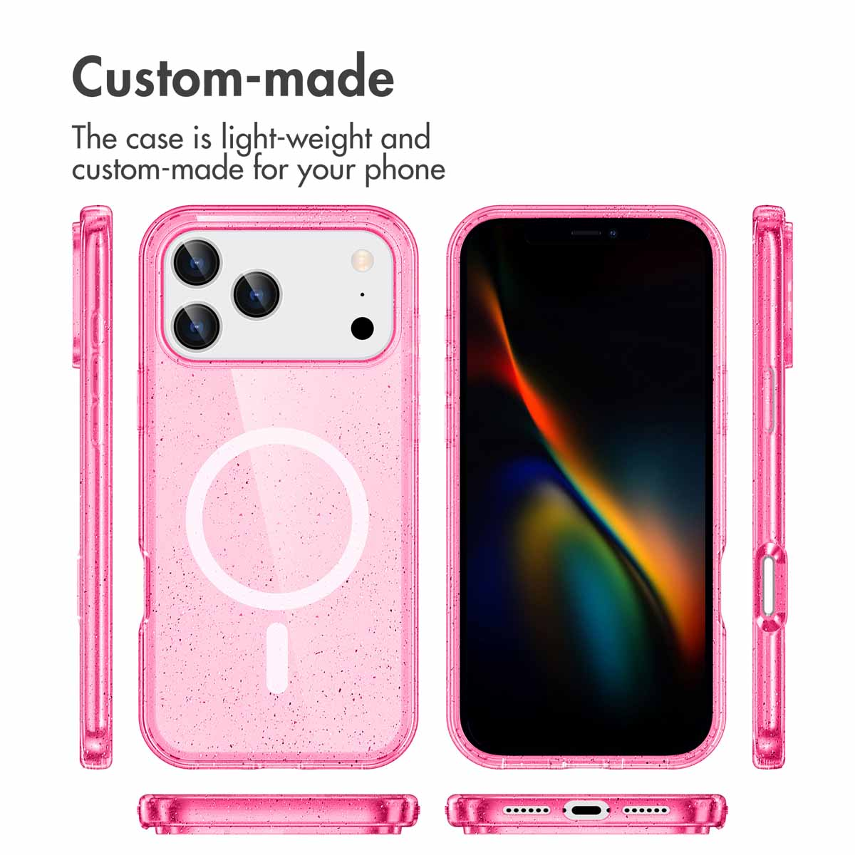 Vues multiples d'une coque de téléphone rose pailletée avec compatibilité MagSafe et smartphone.