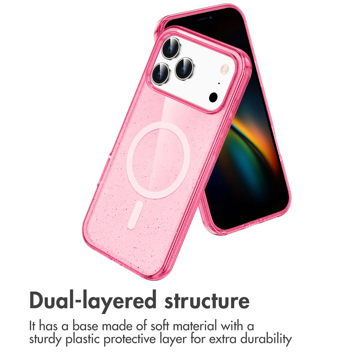 Une coque de téléphone rose pailletée avec un anneau MagSafe à l'arrière, présentée avec un smartphone.