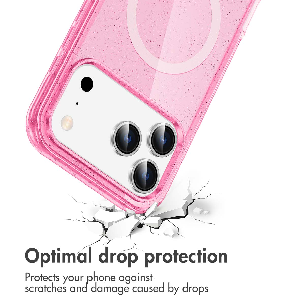 Une coque rose avec trois objectifs sur fond blanc fissuré, avec du texte sur la protection.
