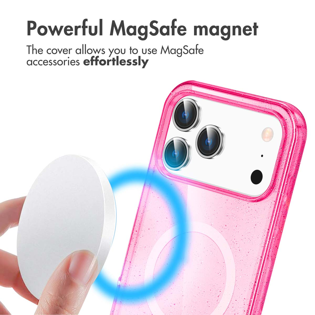 Téléphone avec coque rose pailletée et chargeur MagSafe.
