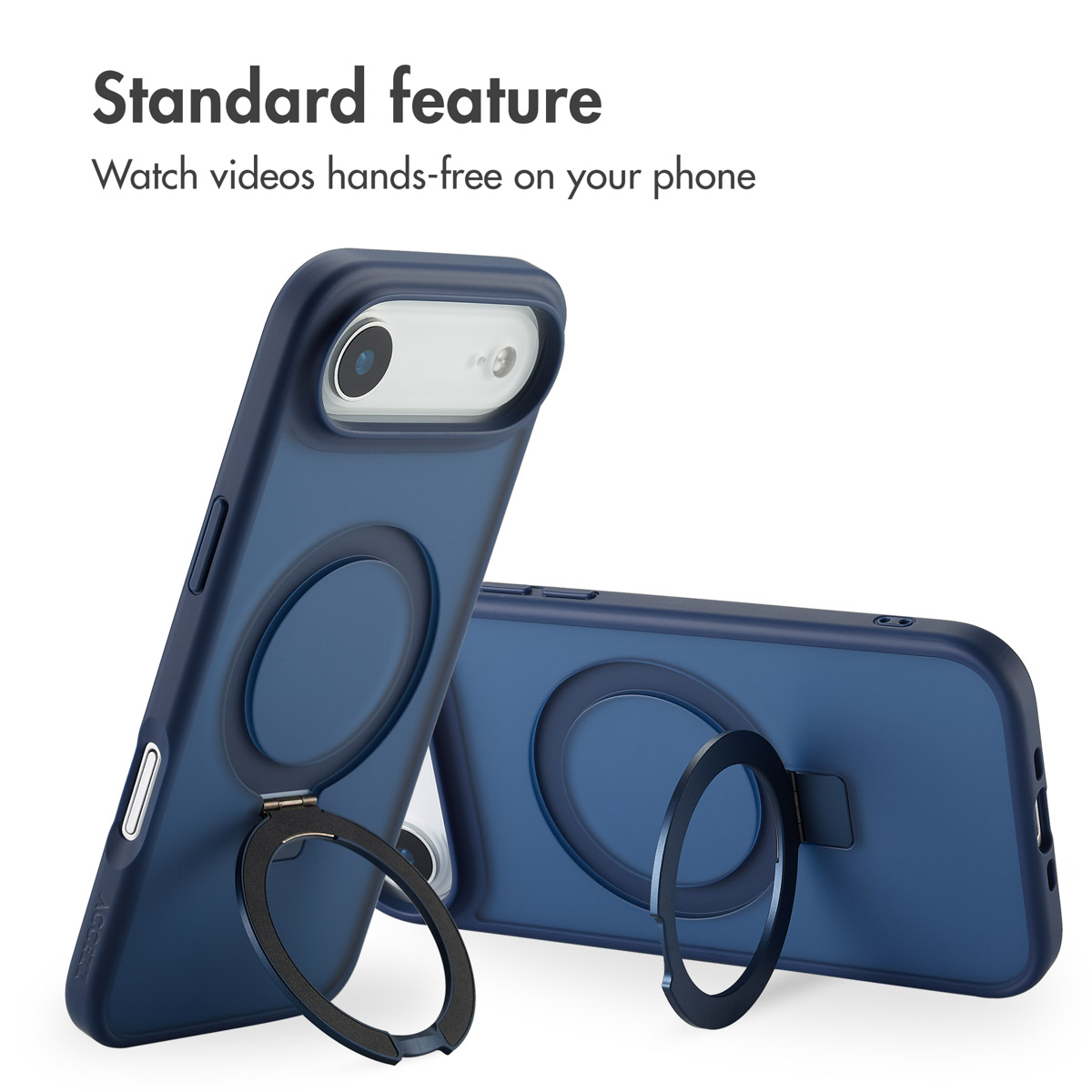 Funda de smartphone azul con soporte de anillo integrado sobre fondo blanco.