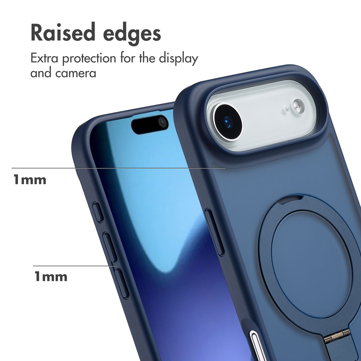 Una funda azul para teléfono con bordes elevados para mayor protección de pantalla y cámara.