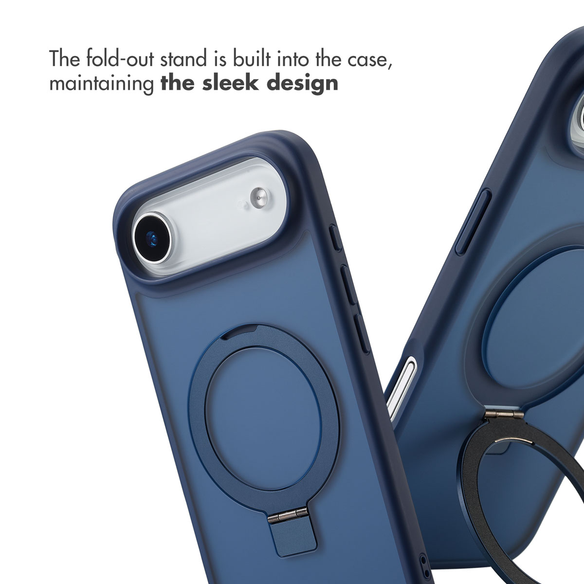 Dos fundas de teléfono azules con un soporte circular plegable integrado en la parte trasera, desde diferentes ángulos.