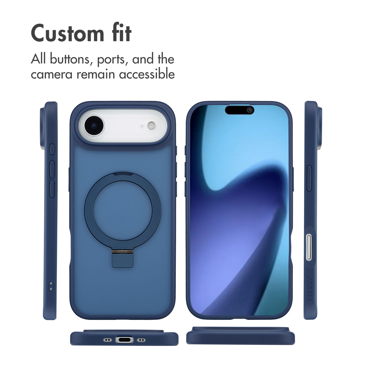 Múltiples vistas de una funda de smartphone azul con soporte de anillo y texto arriba.