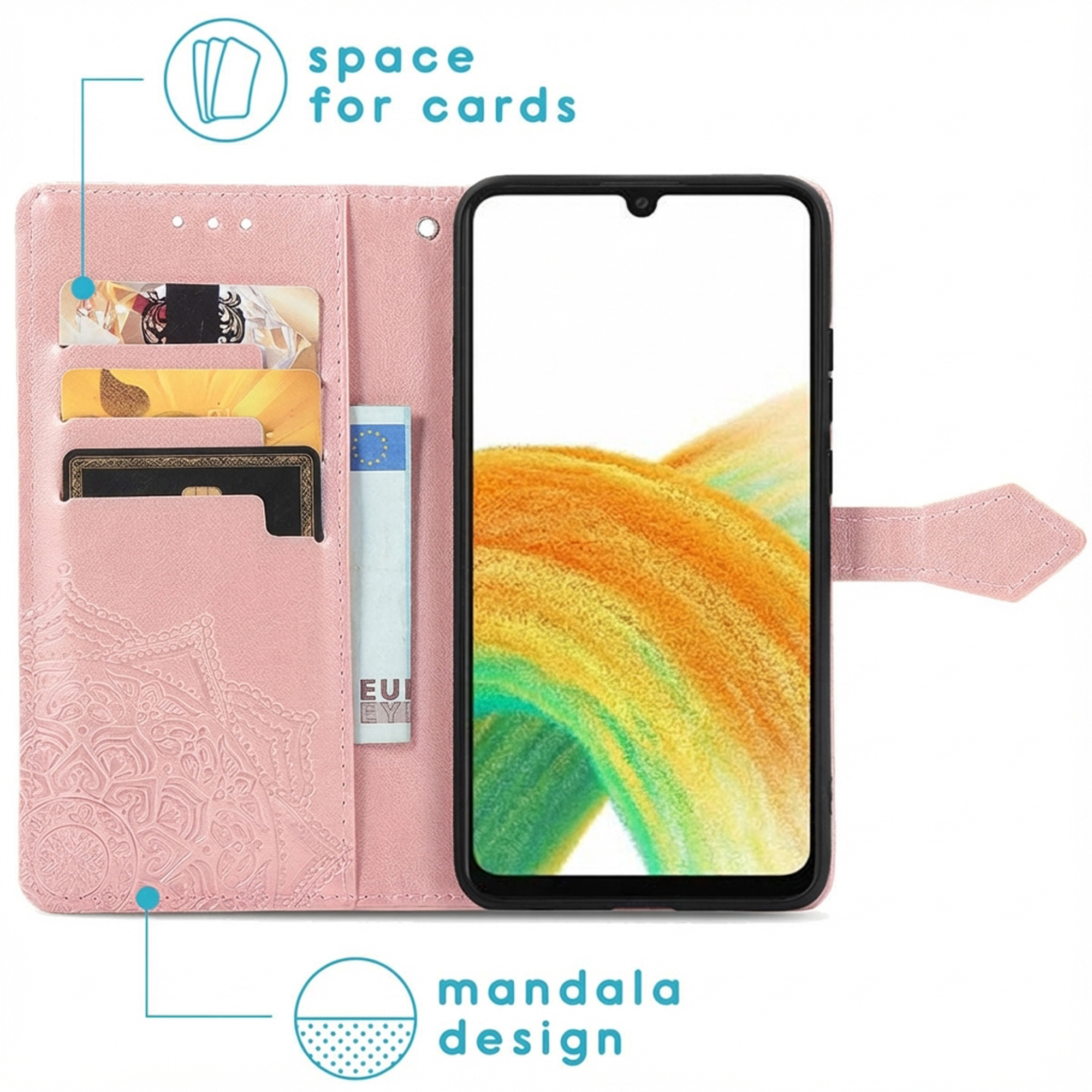 Étui de téléphone rose avec motif mandala, fentes pour cartes et un smartphone.
