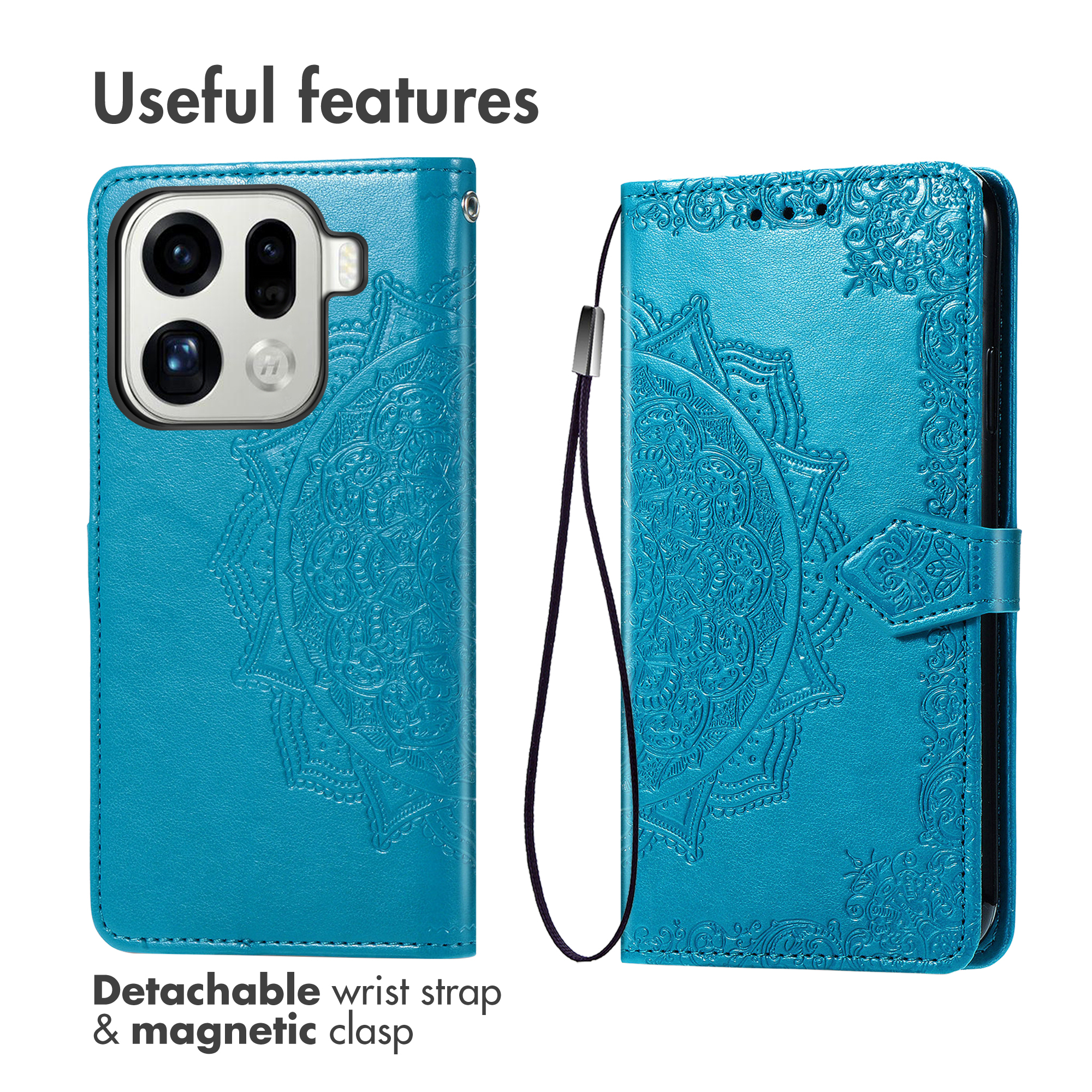 Custodia per telefono blu con goffratura mandala, cordino e chiusura magnetica.