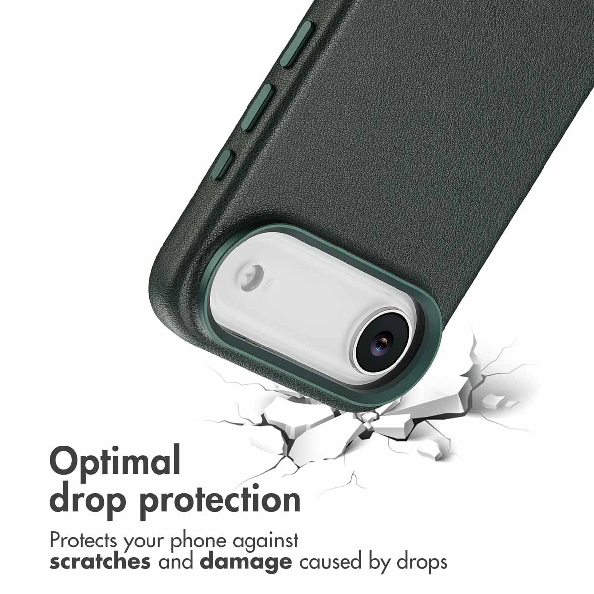 Funda de teléfono verde con recorte de cámara y texto de protección contra caídas.