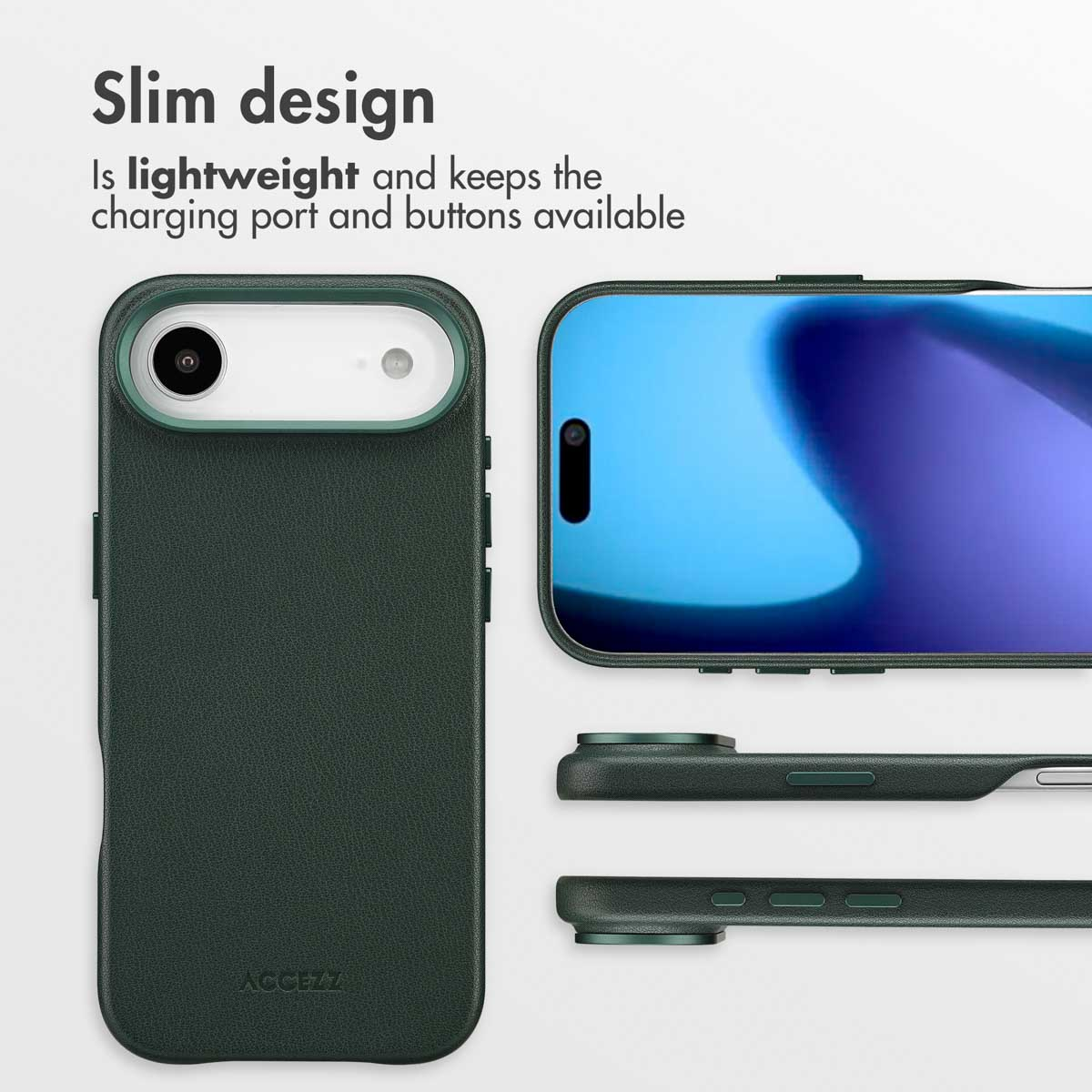 Funda para smartphone verde, delgada y ligera, mostrada en varios ángulos.
